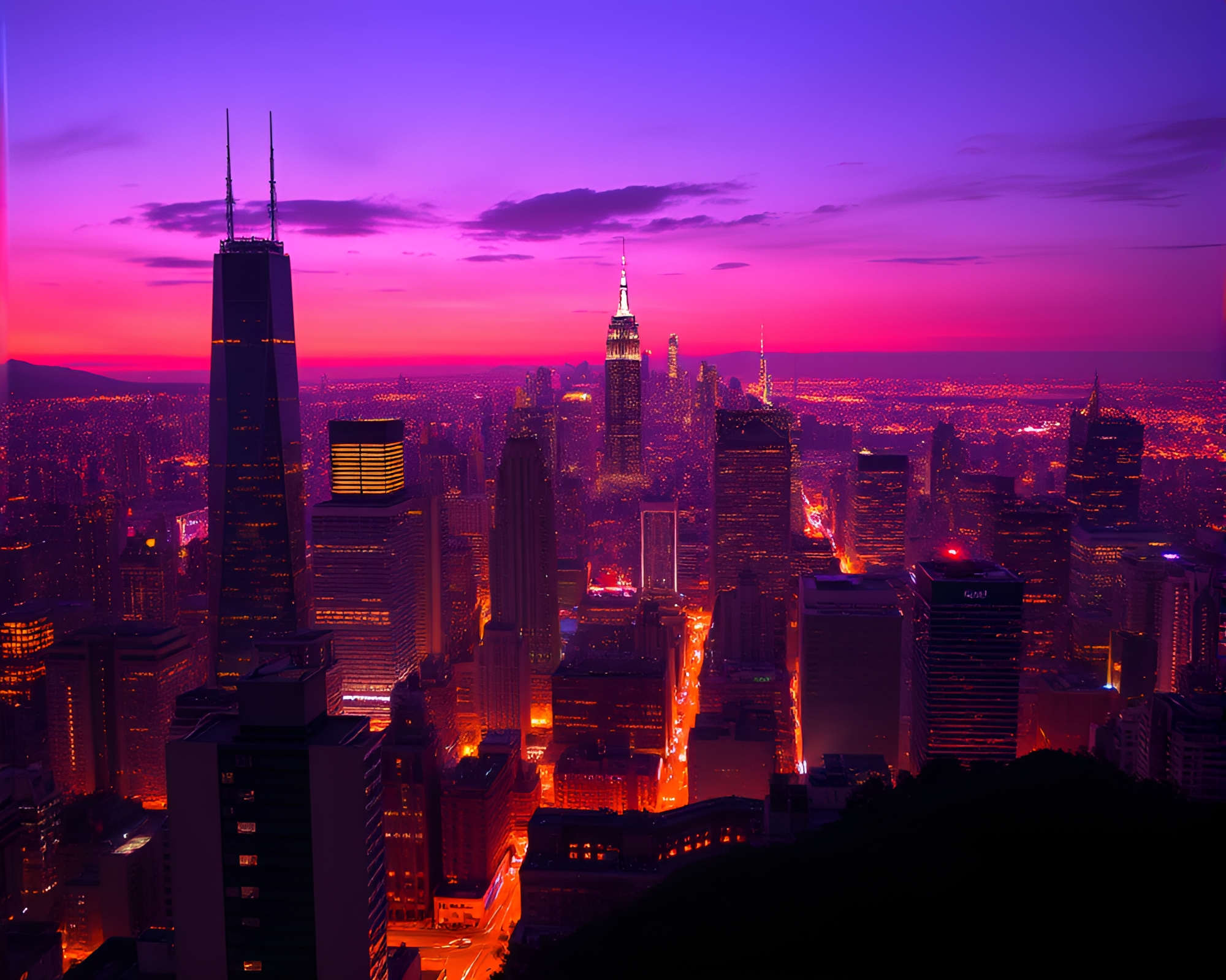 Twilight-Purple Virtual Cityscape with Gilded Highlights – free AI stock image