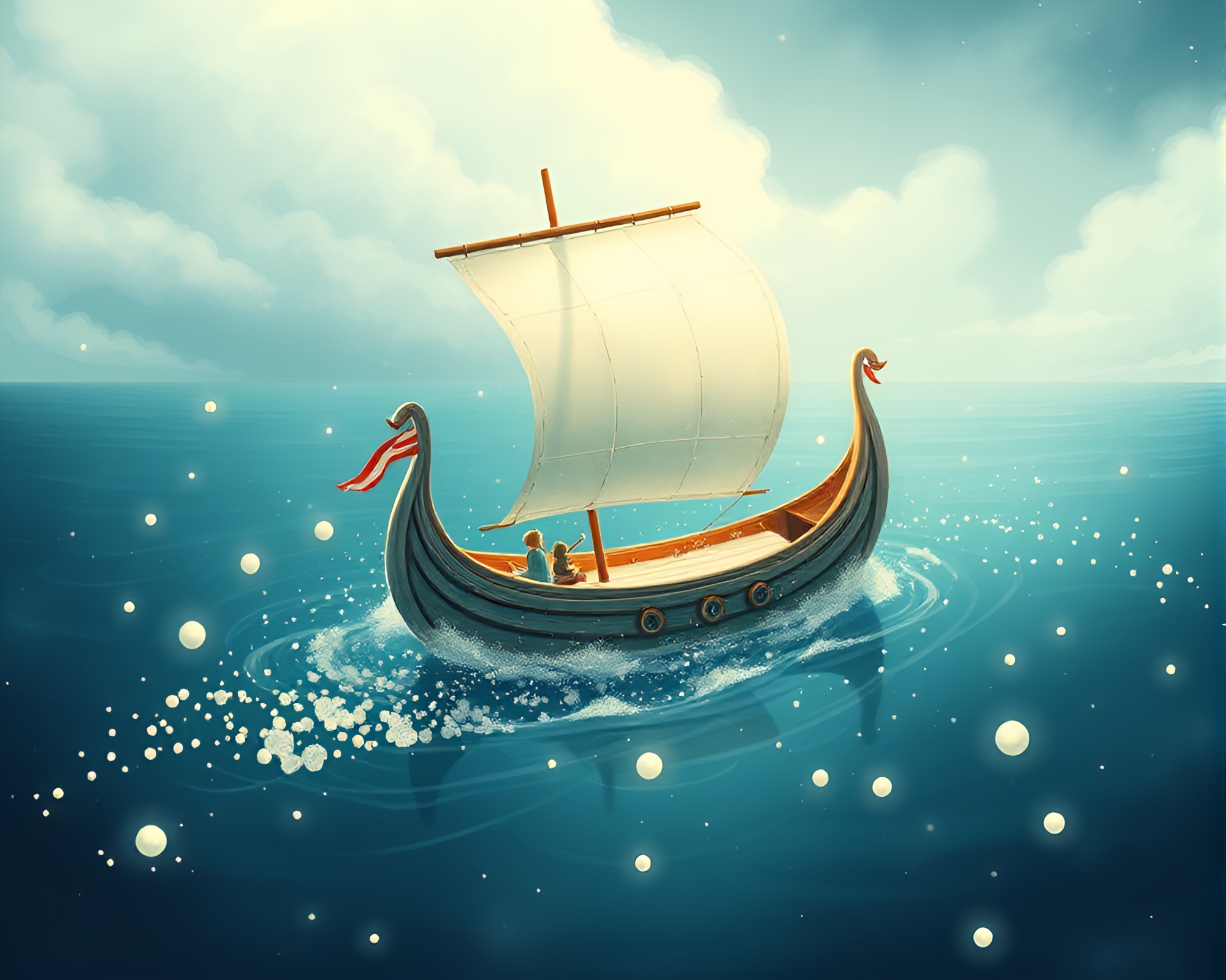 Ivory White Viking Longship amidst Floating Particles – free AI stock image