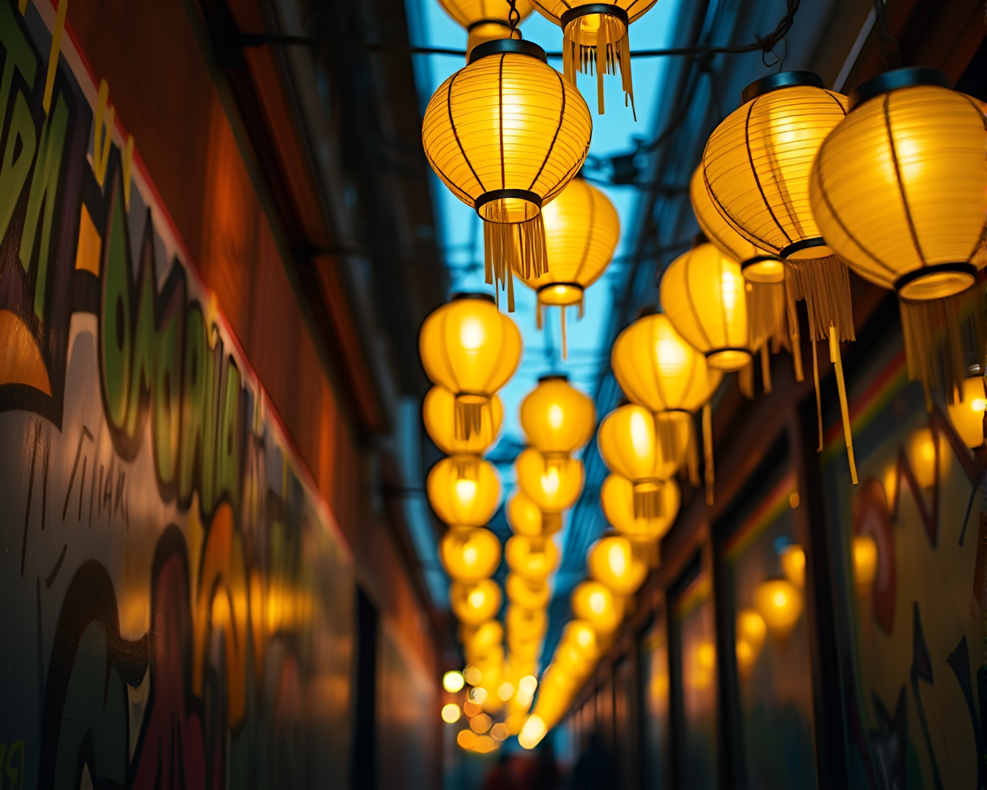 Vibrant Floating Lanterns Graffiti Art – free AI stock image