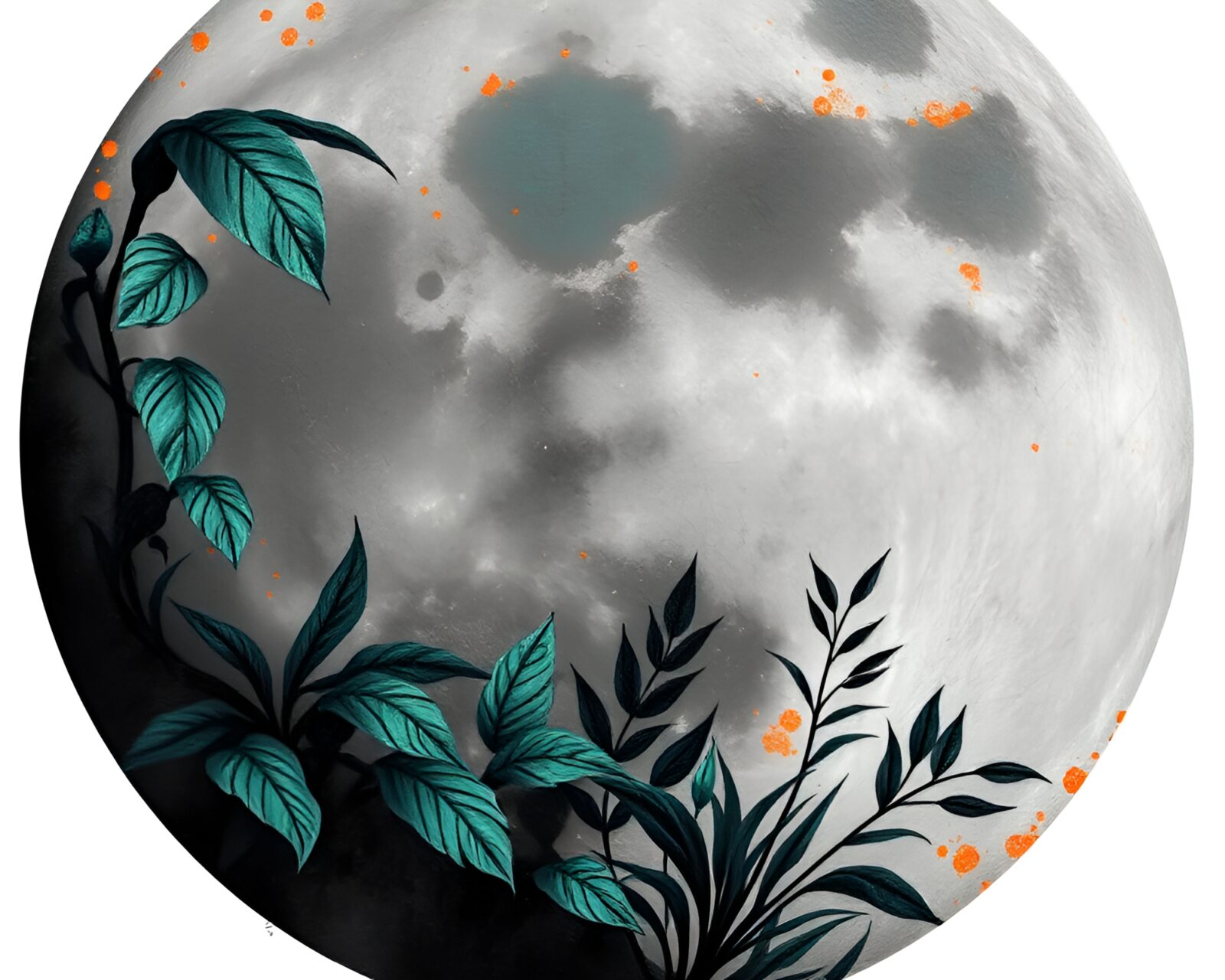 Geometric abstractions in a moonlit jungle with verdigris accents