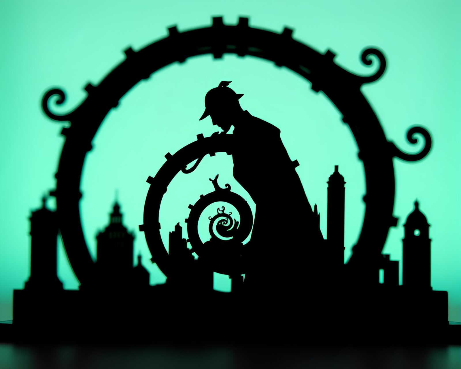 Sherlock Holmes silhouette in mint green spiral world