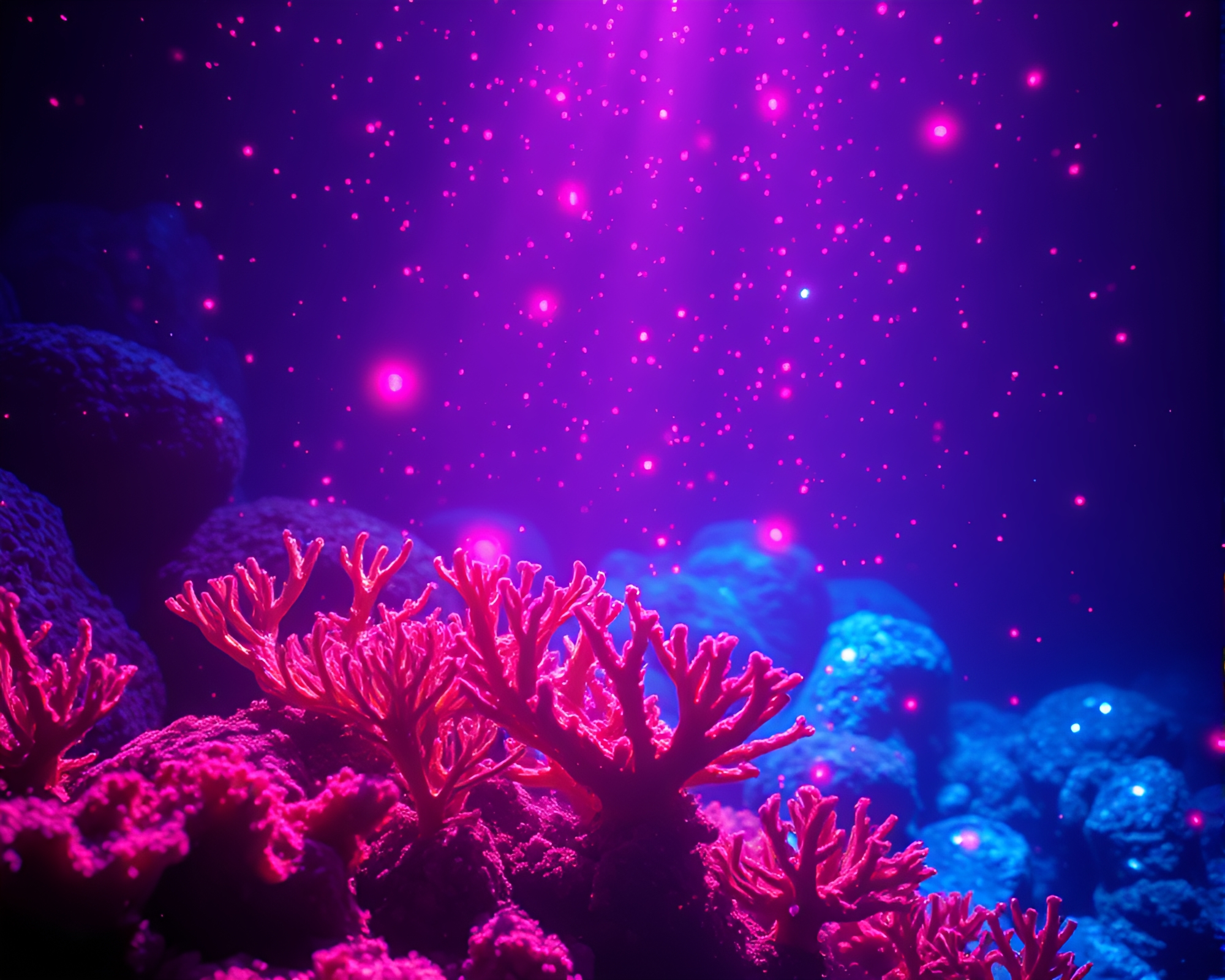 Synthwave Coral Reef Under Fairy Light Lens Distortion – free AI stock image