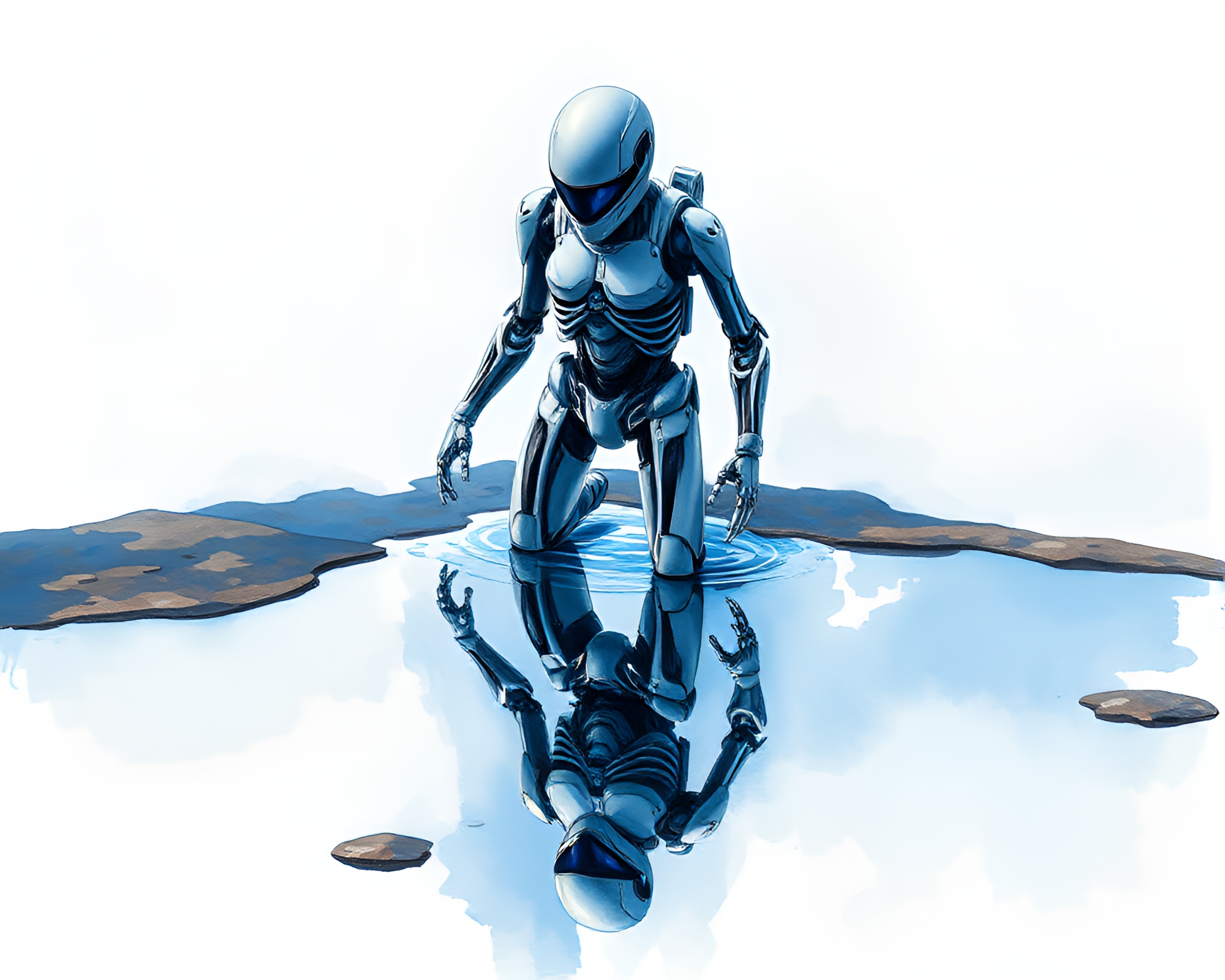 Gouache Exoskeleton Suit Reflection in Puddle – free AI stock image