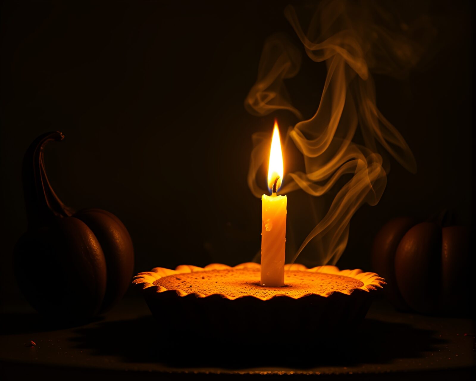 Stipple shaded image of a pumpkin pie surrounded by glowing firefly candle smoke