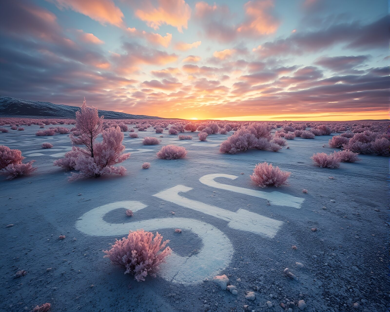 Infrared photograph of tundra landscape with chalk art during sunset