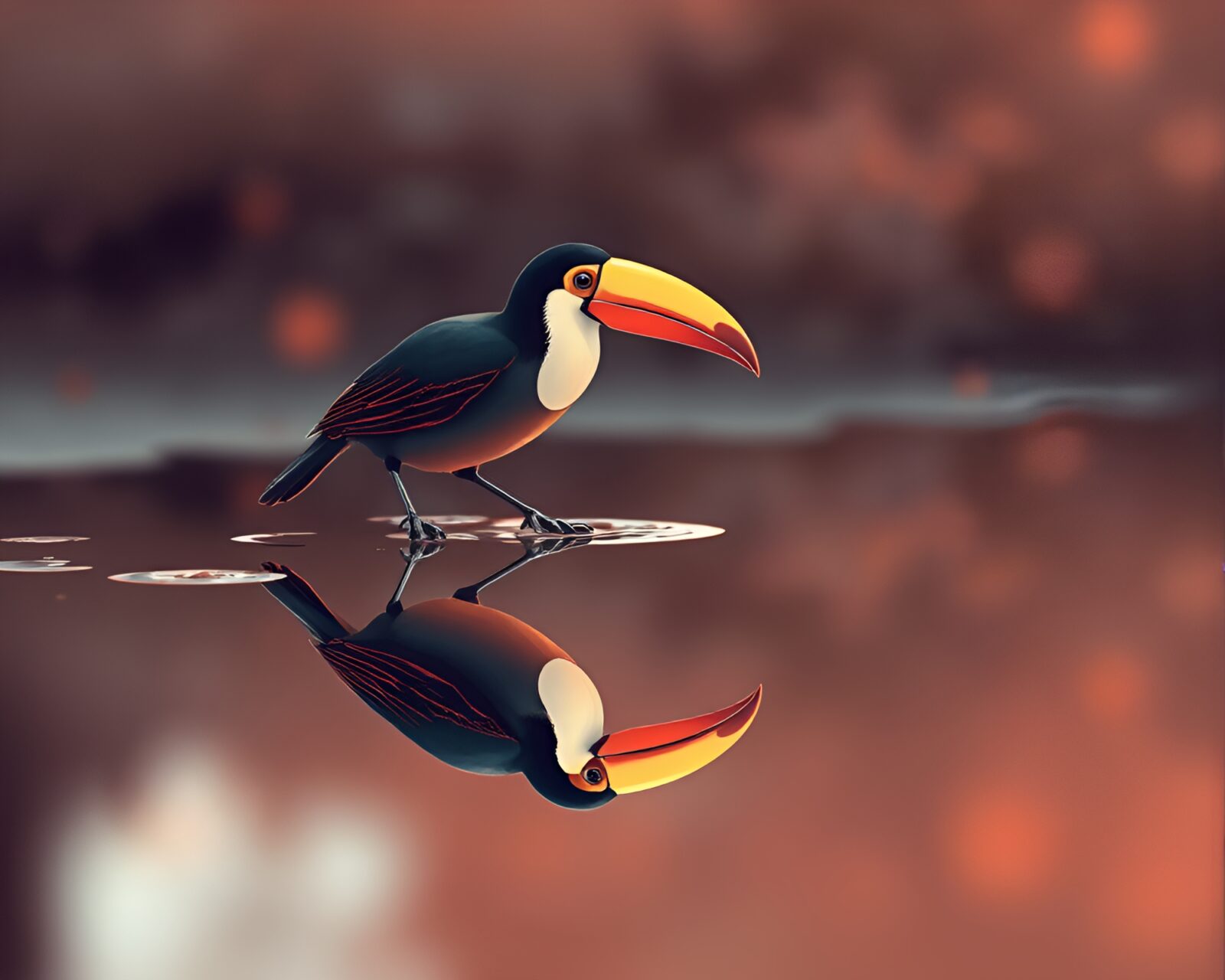 Beautiful line art of a Toucan reflected in a rose gold puddle