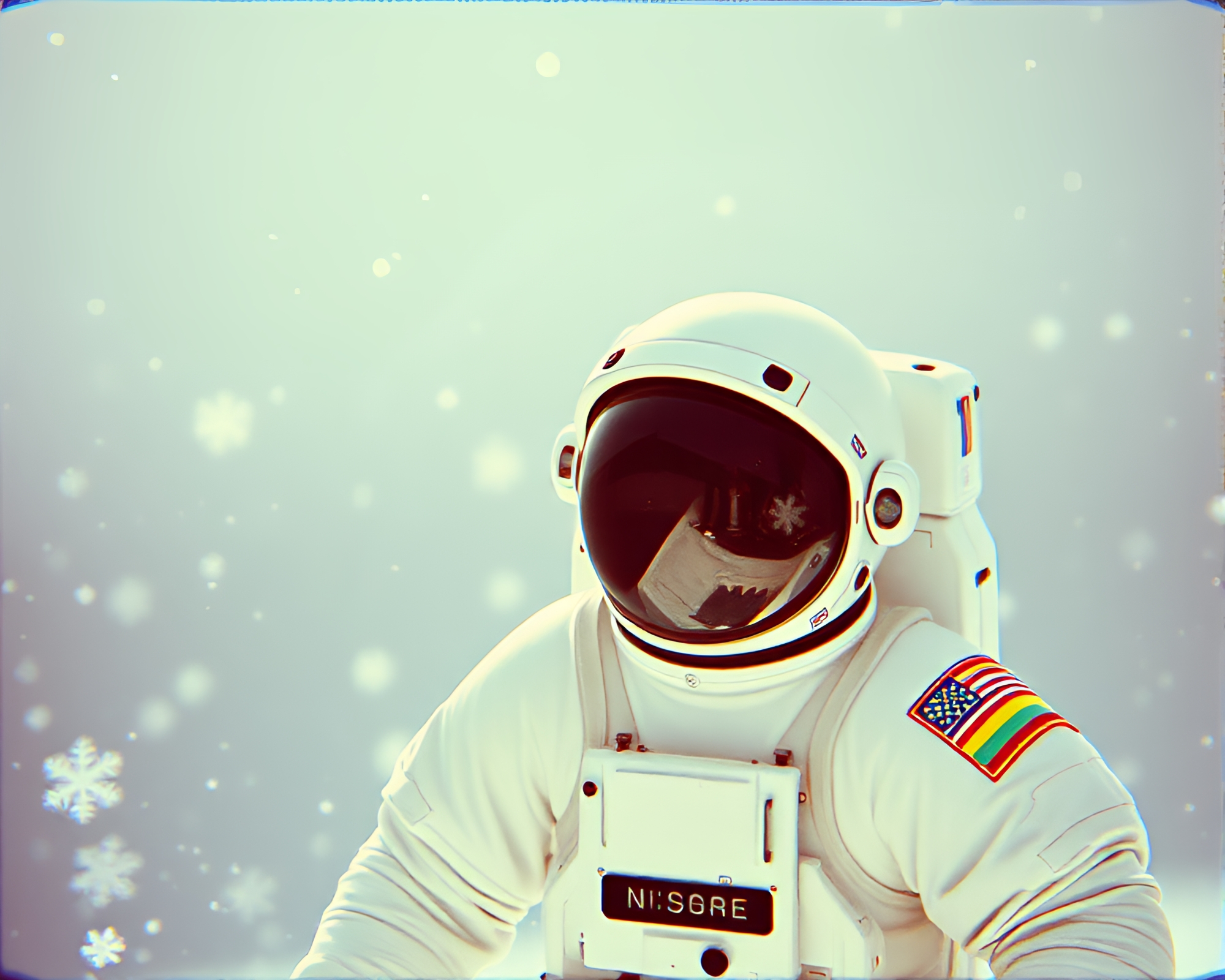 Astronaut in Snowflake Storm with VHS Distortion – free AI stock image