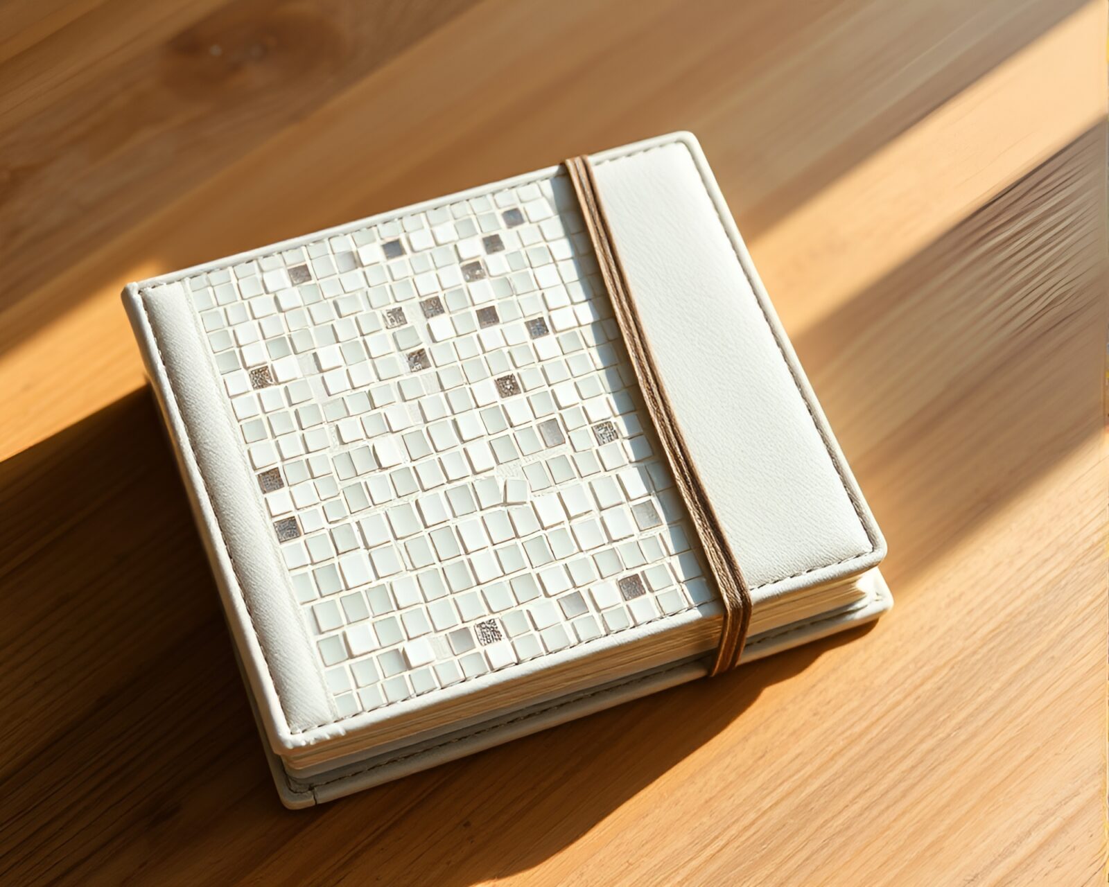 Ethereal ivory white lighting on leather-bound diary mosaic