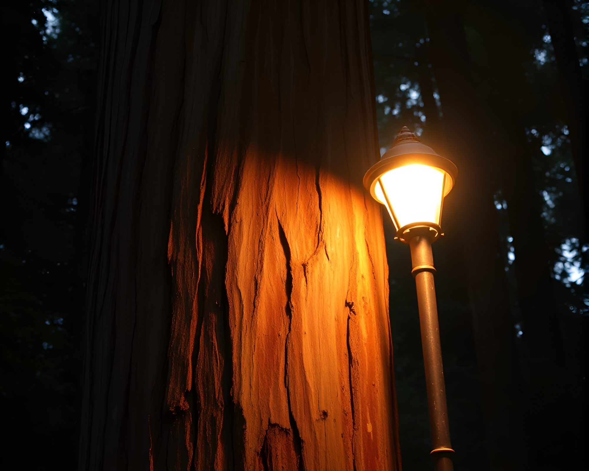 Rust Stain Streaks on Glowing Redwood Tree Bark – free AI stock image