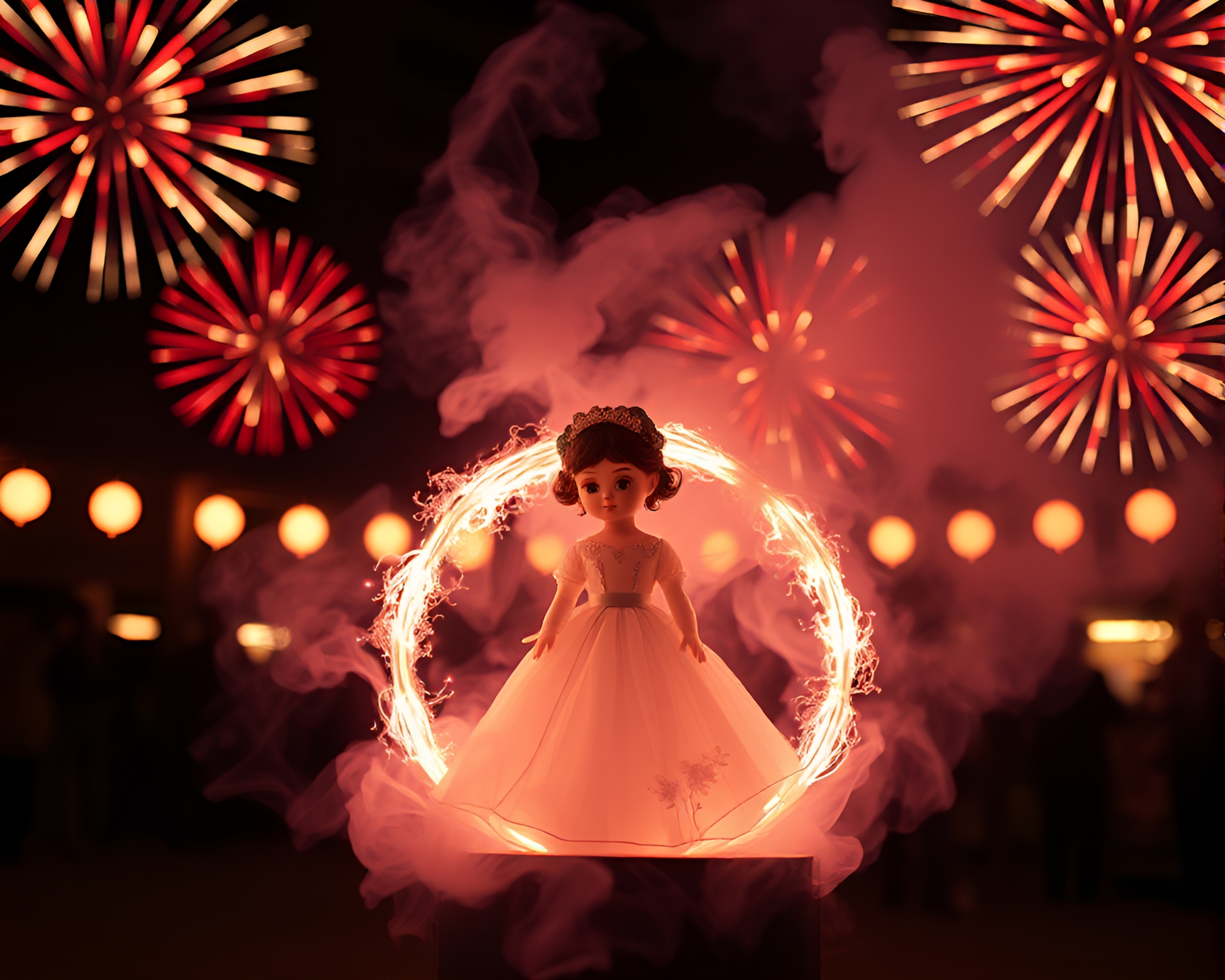 Enchanting Festival: Porcelain Doll in Smoke Ring Spotlight – free AI stock image