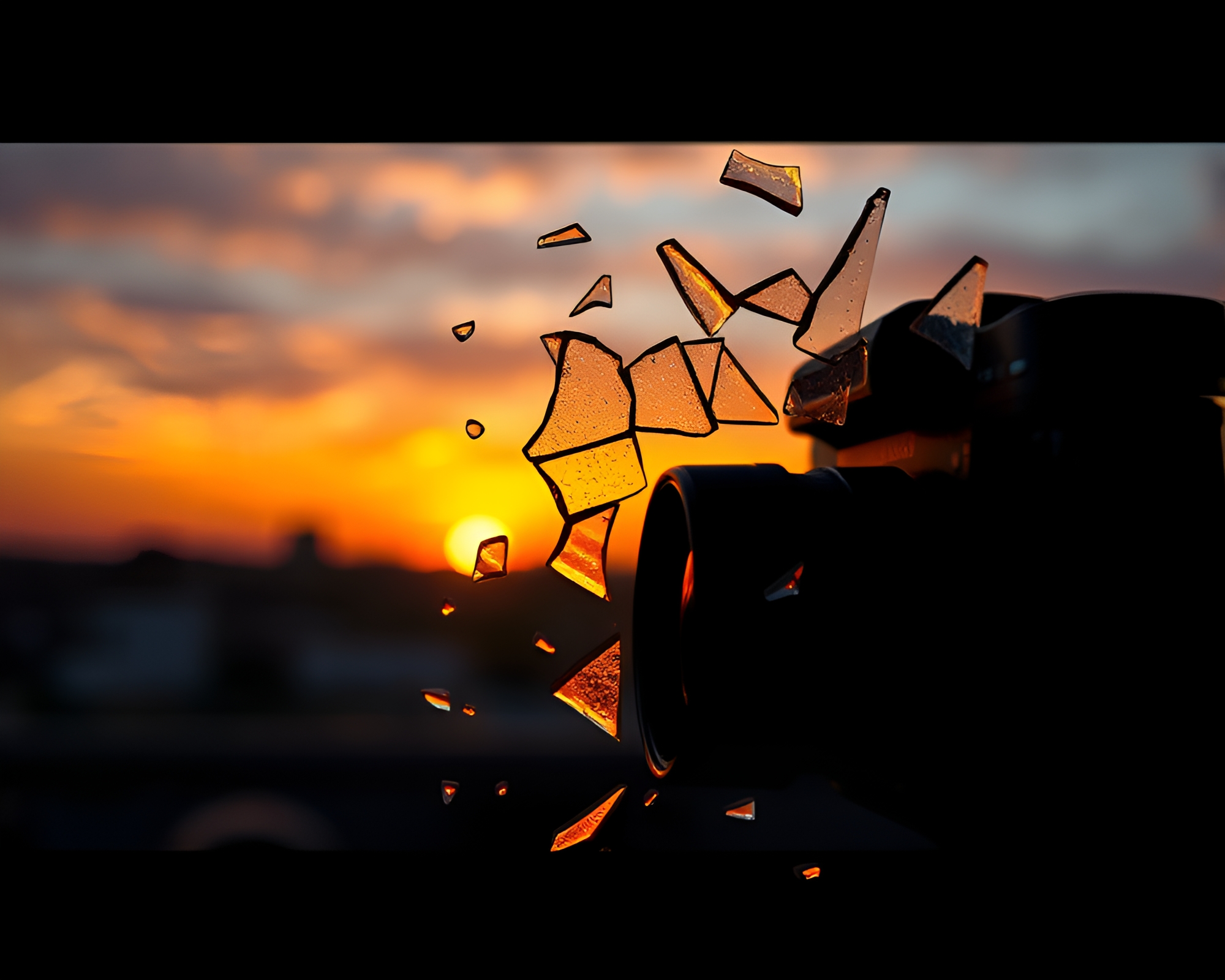 Shattered Glass Camera at Sunset – free AI stock image
