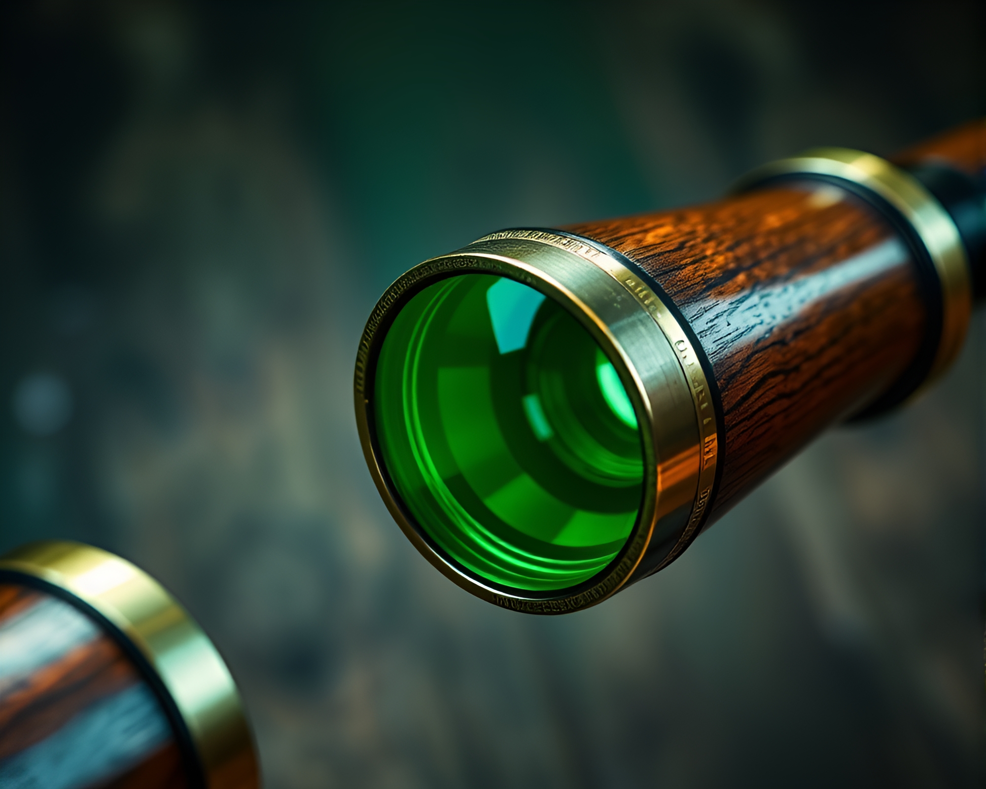 Vintage Telescope with Emerald Green Highlights in Wood Grain Setting – free AI stock image