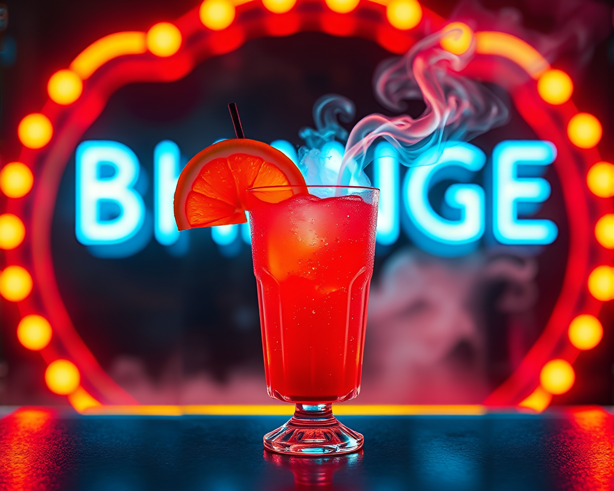 Neon Blood Orange Cocktail in Retro Smoke Ring – free AI stock image