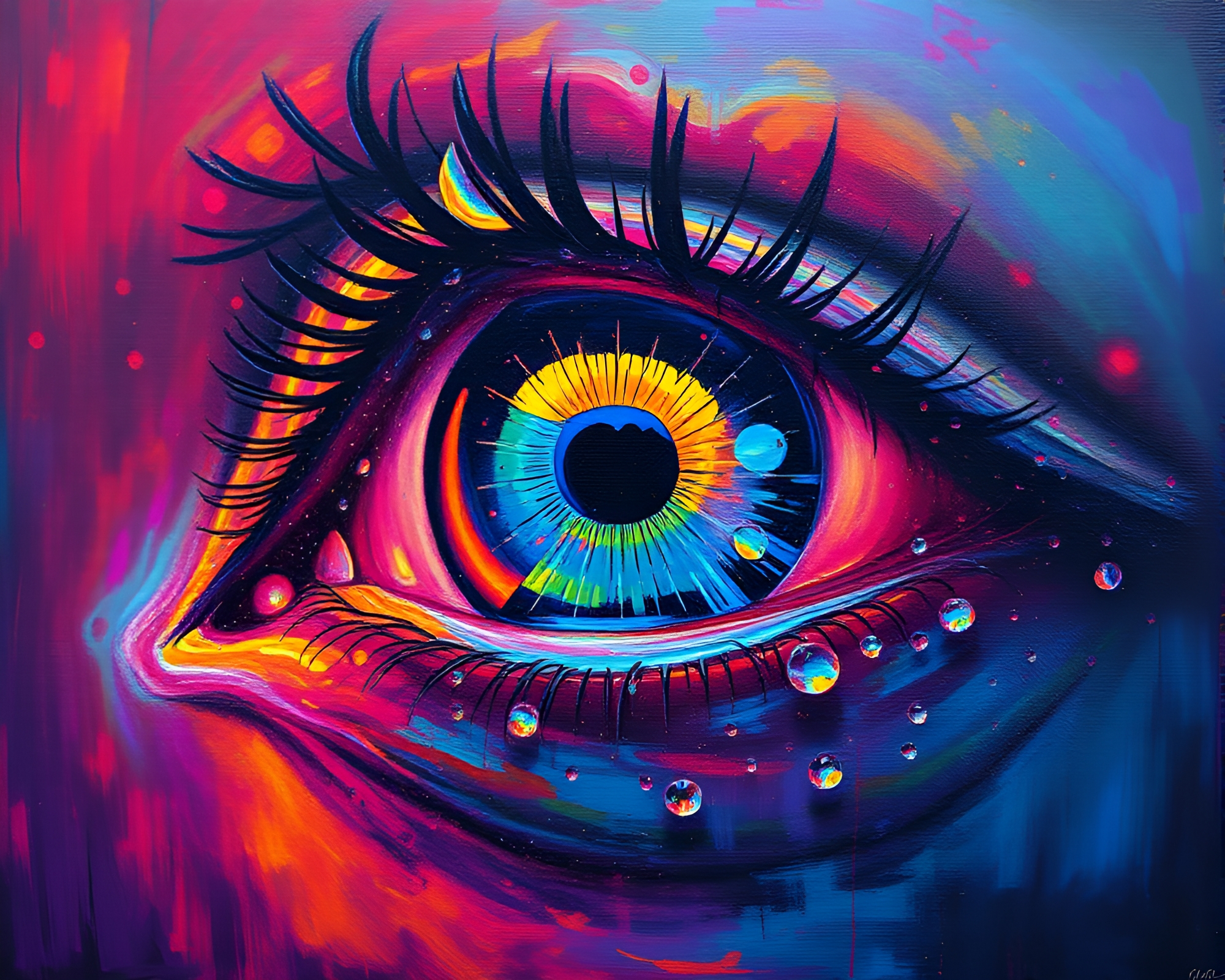 Cybernetic Eye Reflects Dew Drops in Thermal Colors – free AI stock image