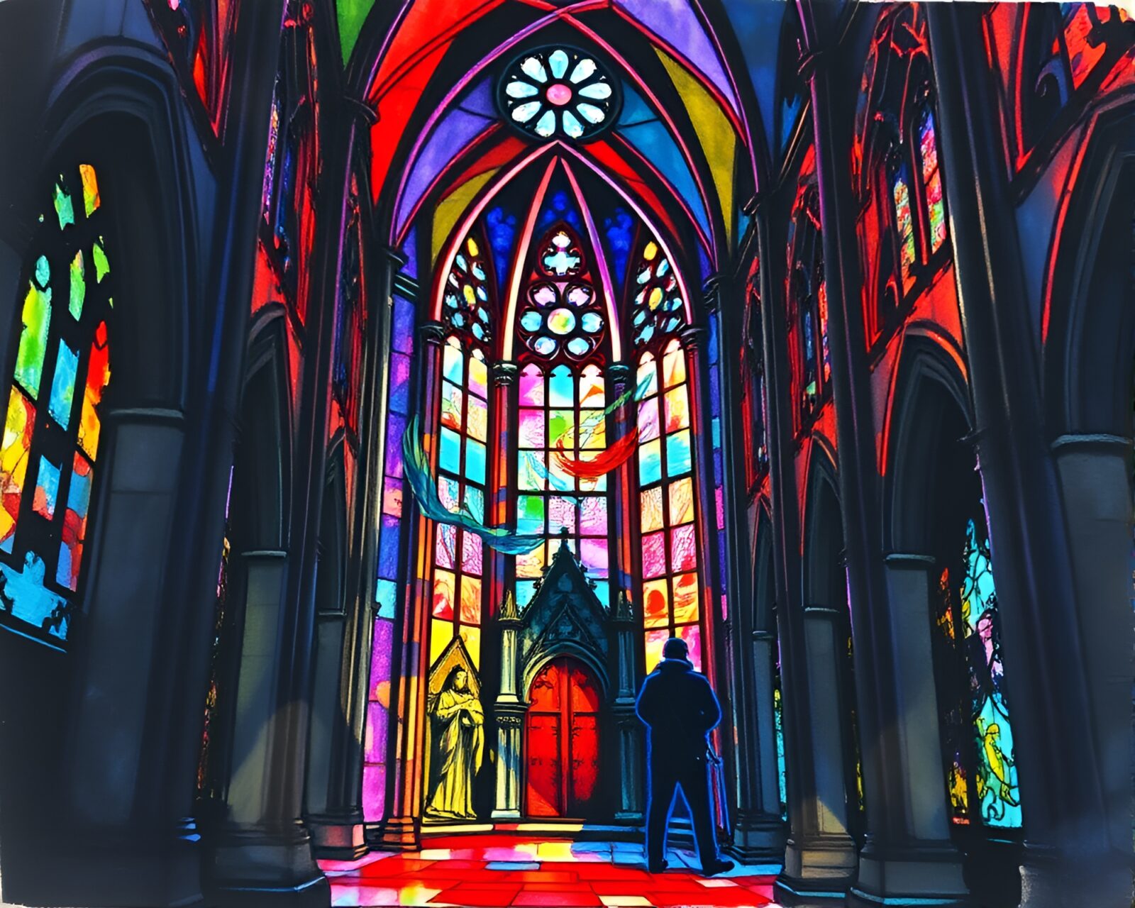Vibrant holographic street art displayed in cathedral lighting