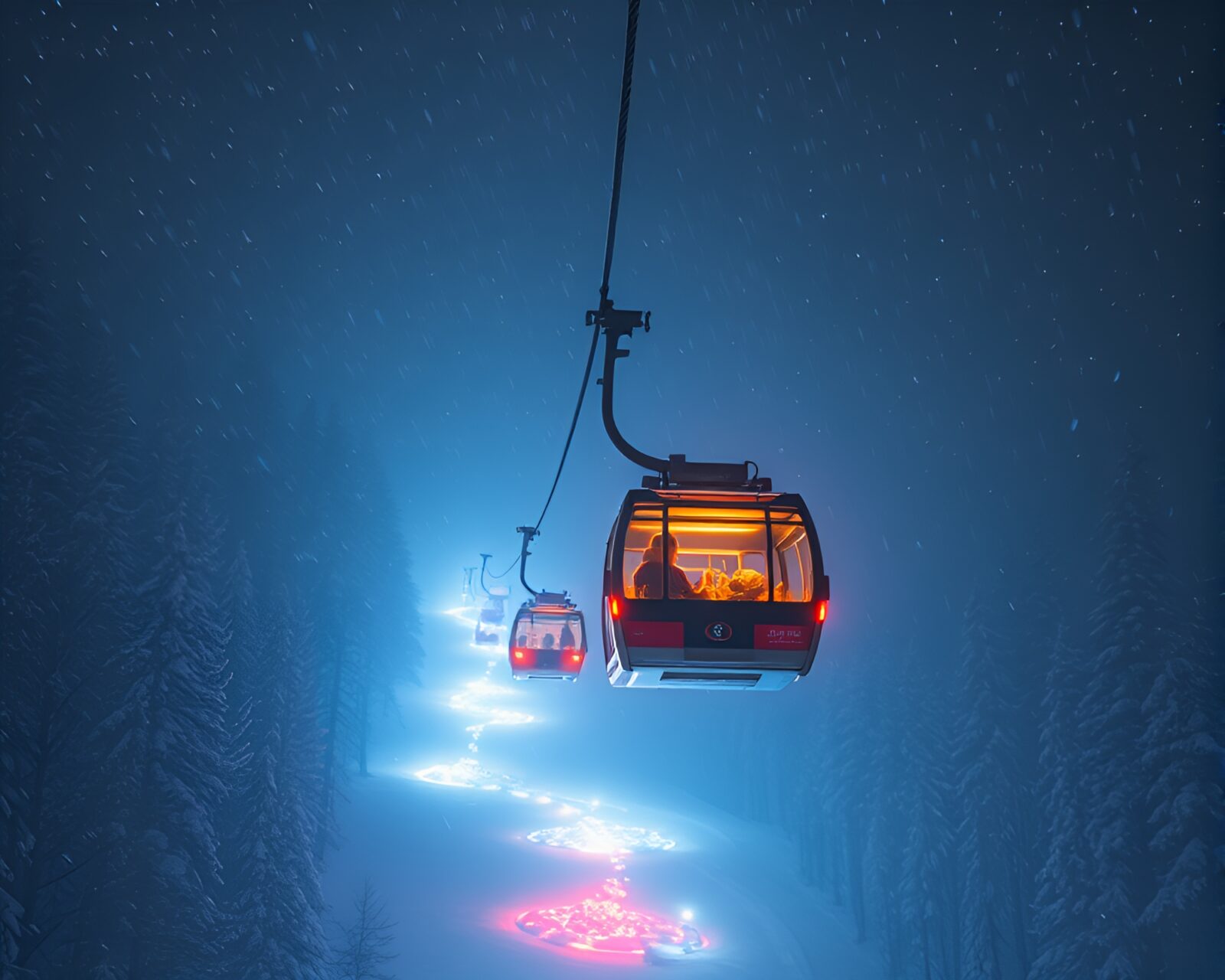 Artistic rendering of a gondola lift engulfed in fireplace light