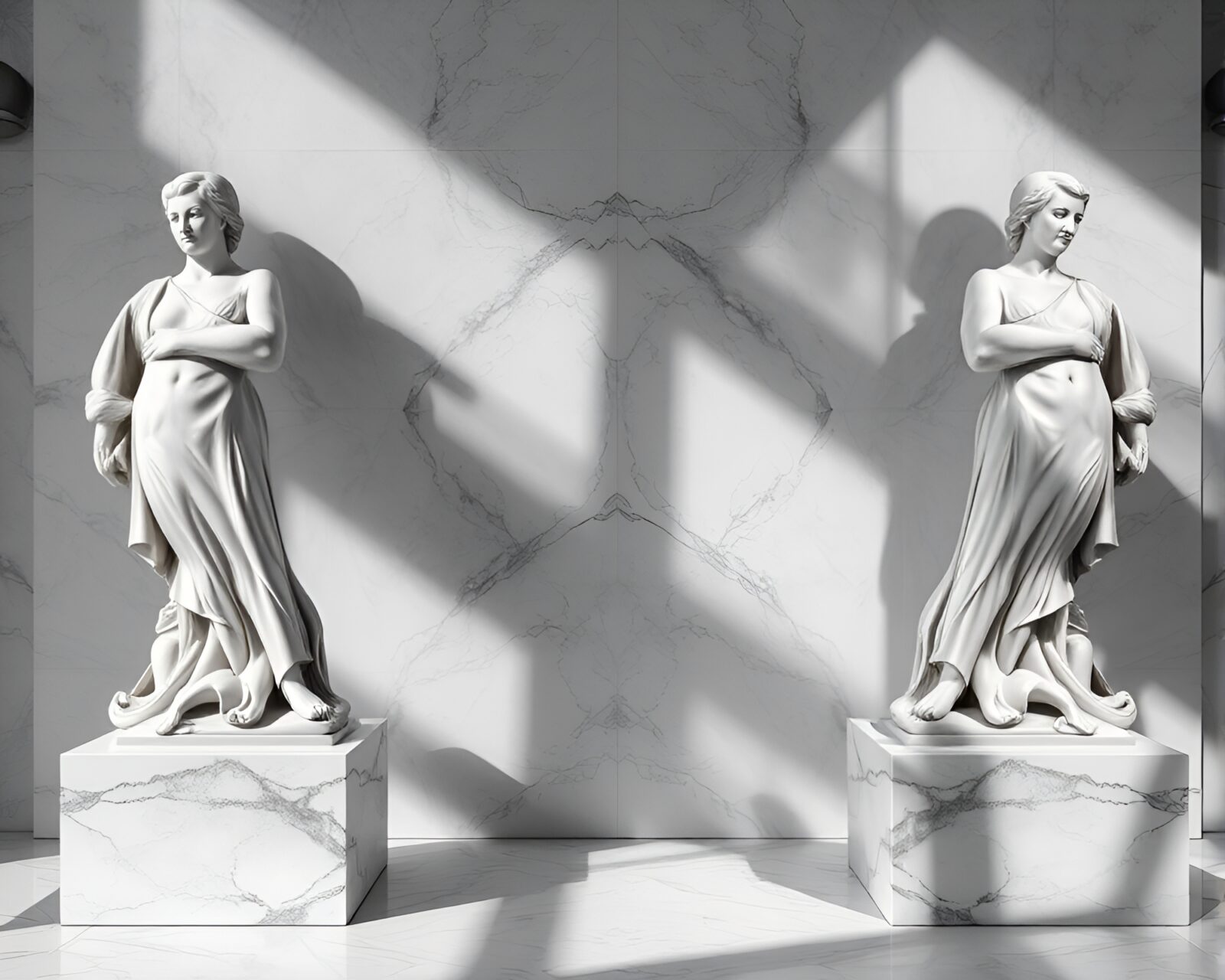 Imposing marble statue with dramatic lighting and strong shadows.