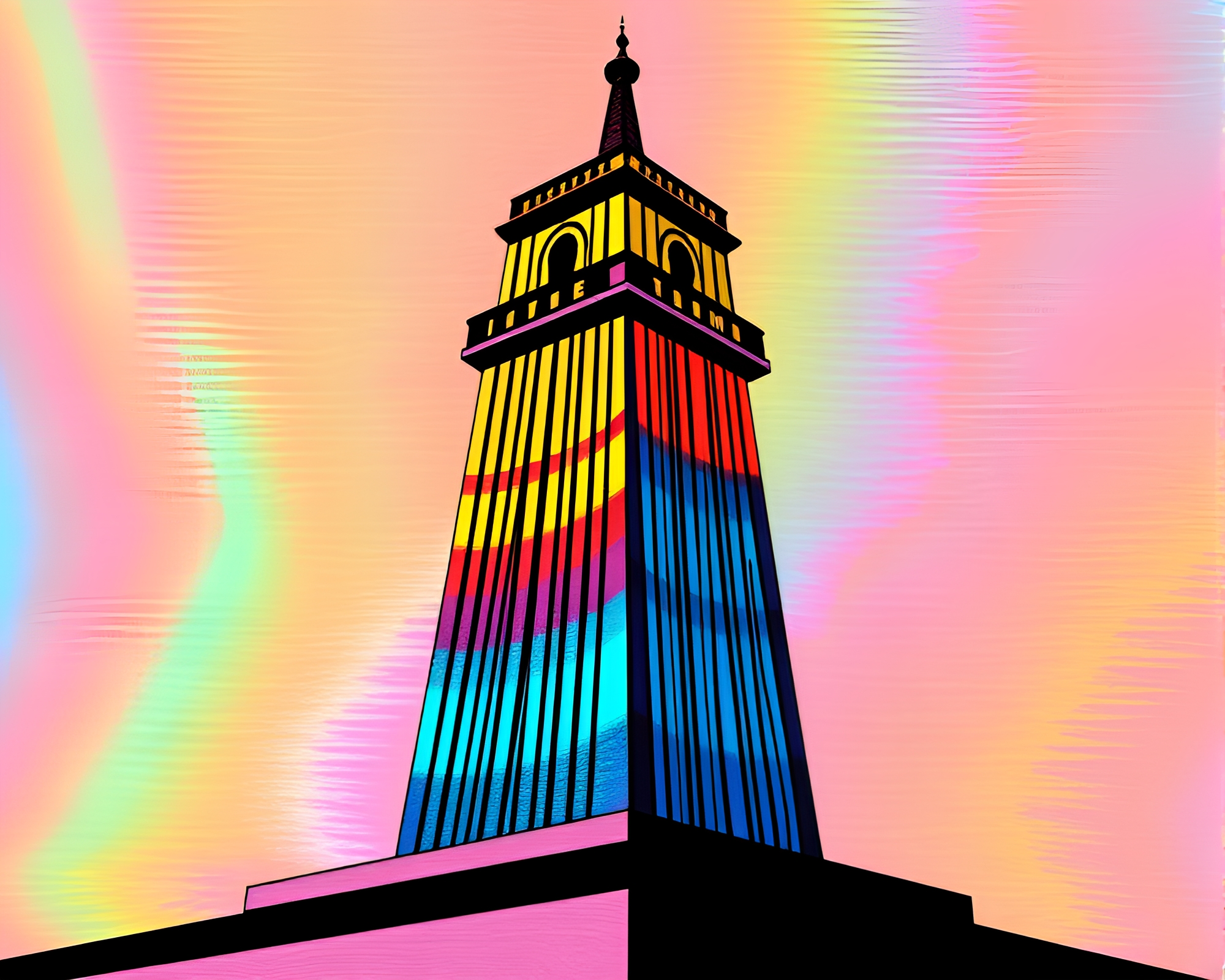Striped Tower with Holographic Art – free AI stock image