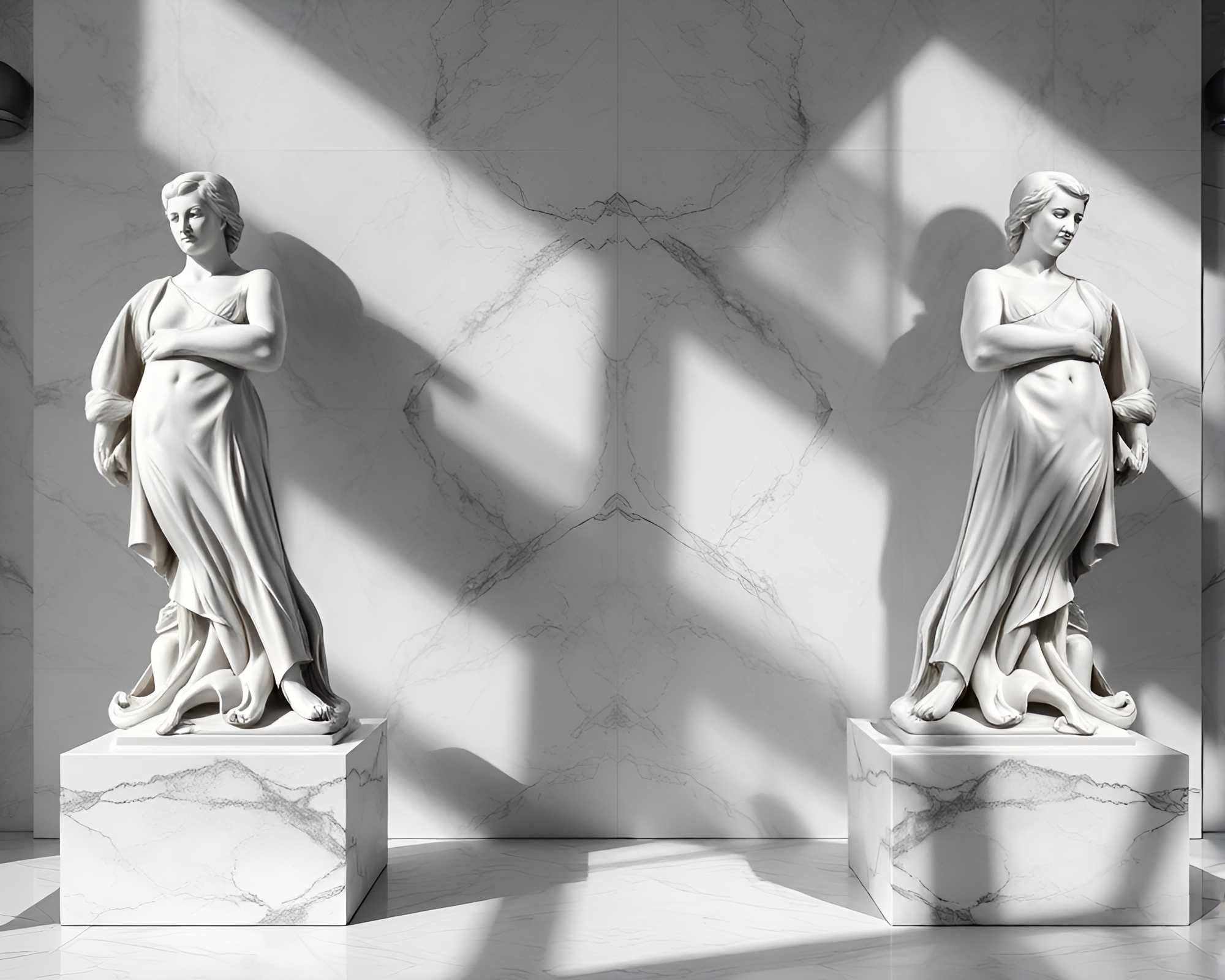 Symmetrical Contouring: Marble Sculpture in Hard Shadows – free AI stock image