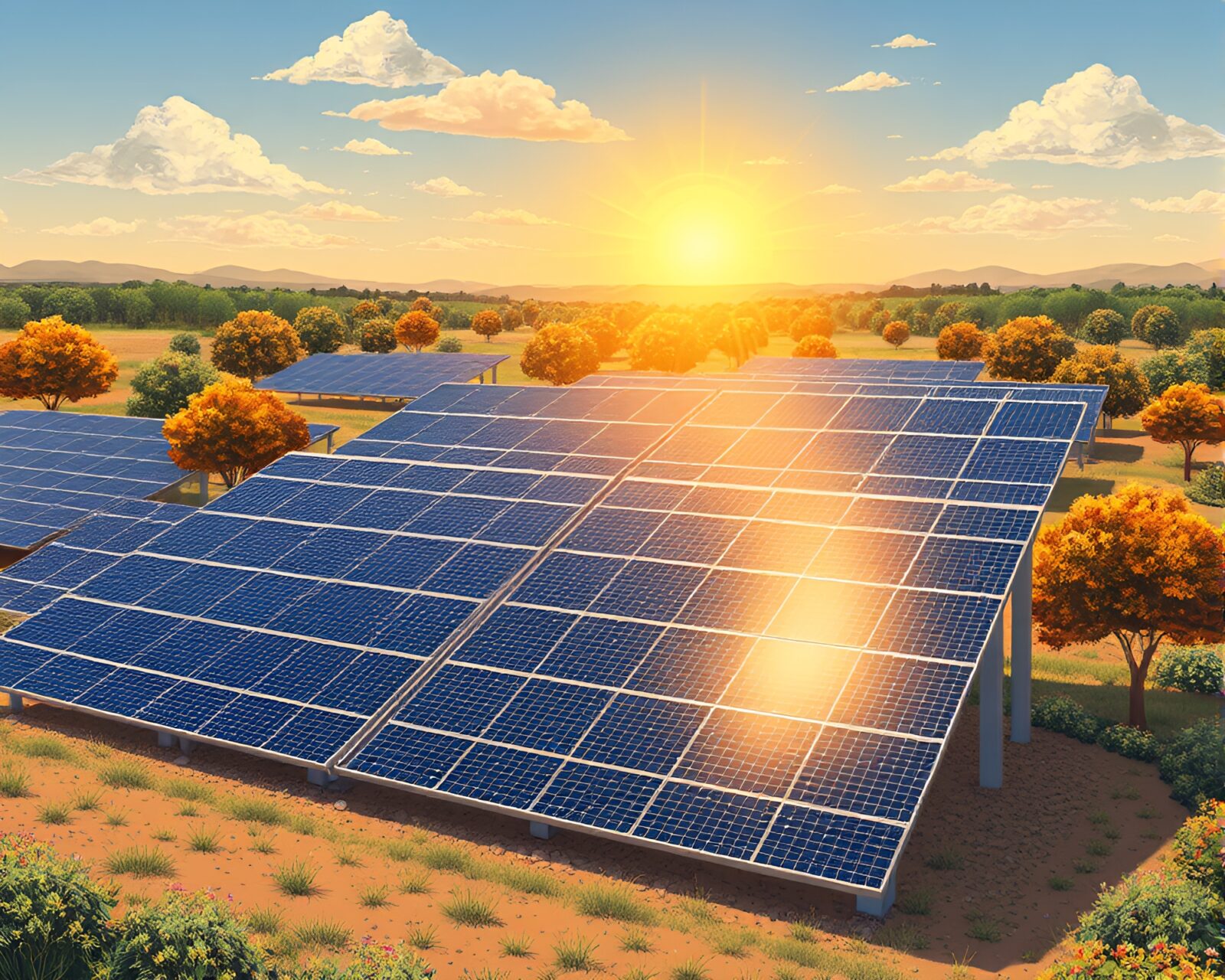Off-center technical illustration of solar panel array in golden savannah