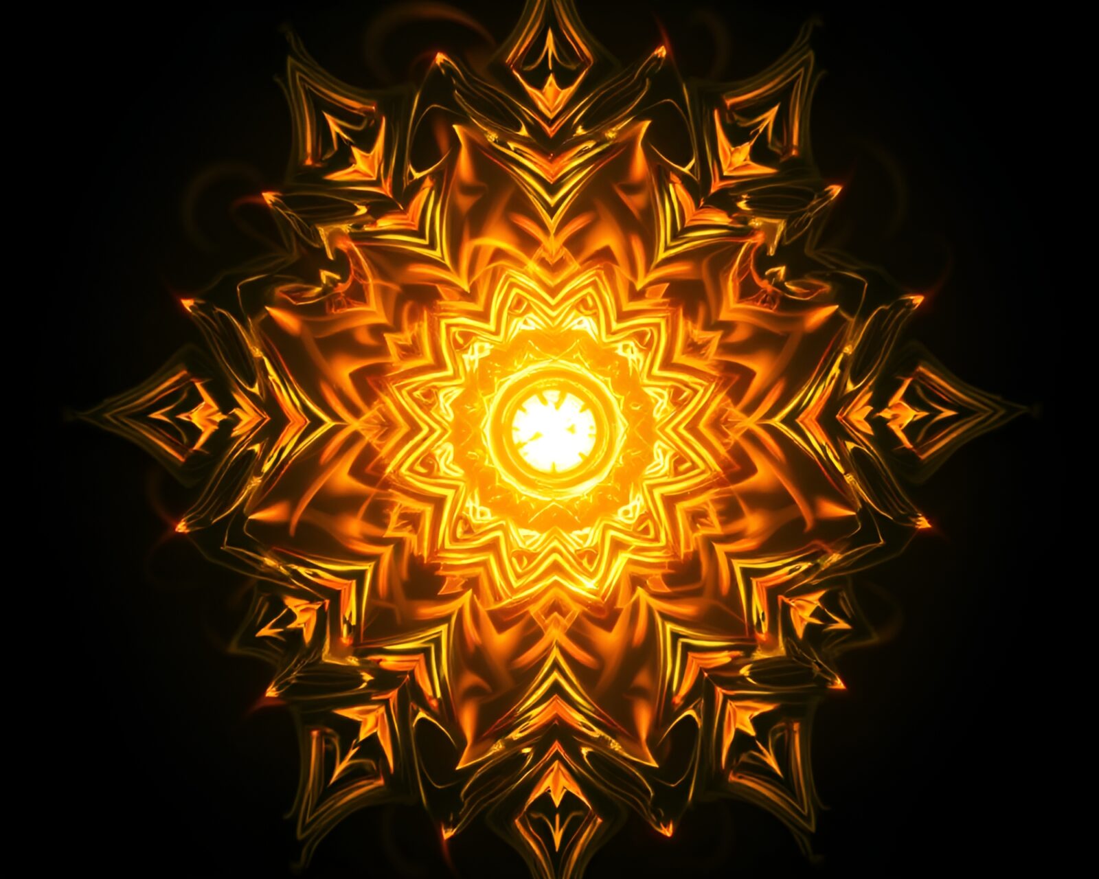 Fluid mandala design illuminated by streetlamp light rays