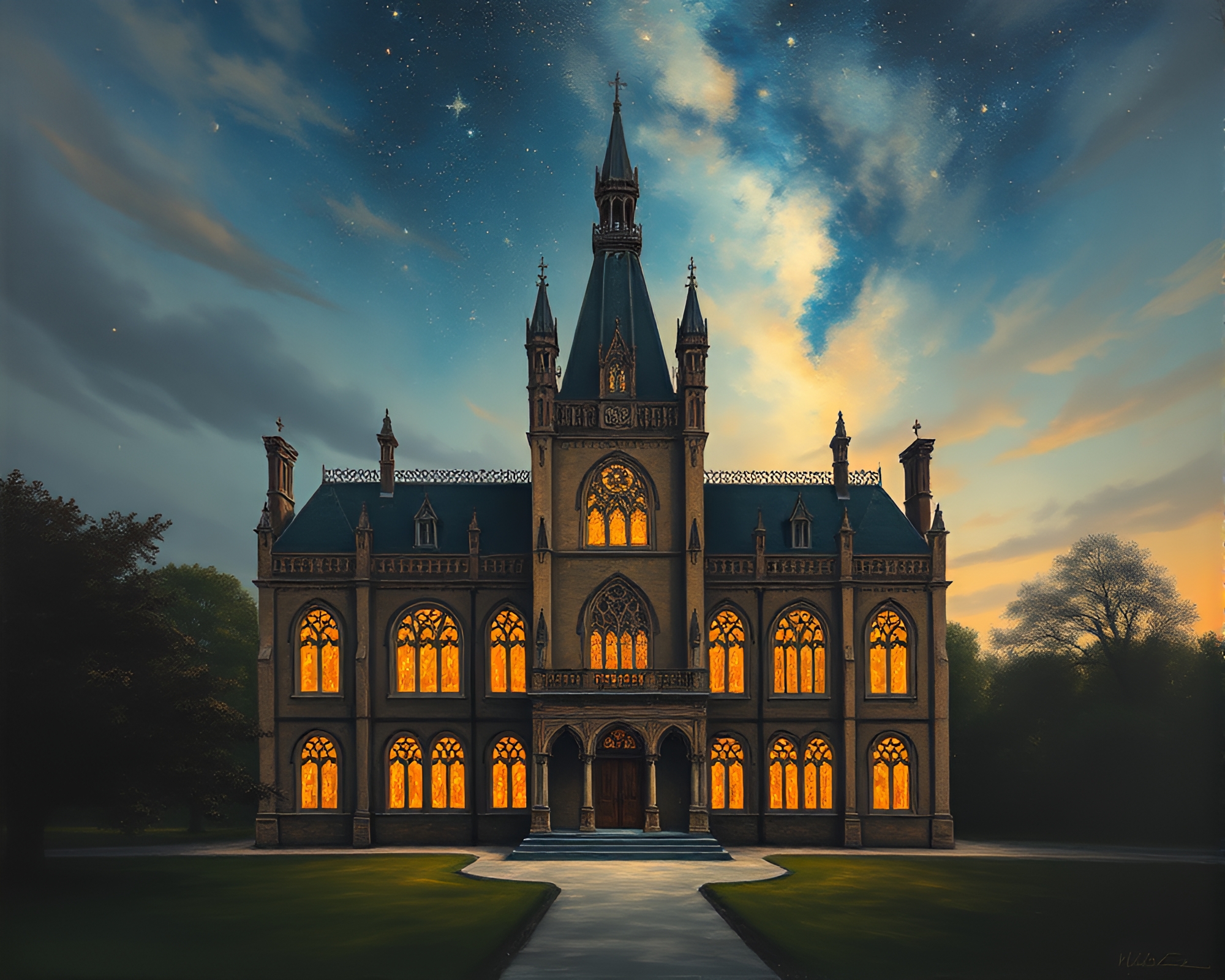 Neo-Gothic Mansion Under Starlit Sky Oil Painting – free AI stock image