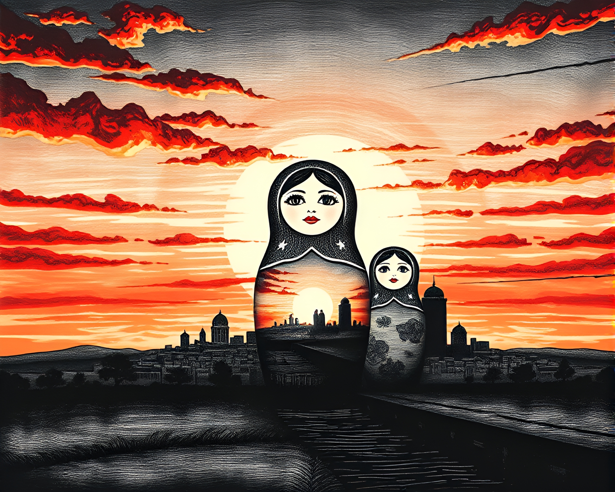 Symmetrical Matryoshka Doll Sunset Etching – free AI stock image