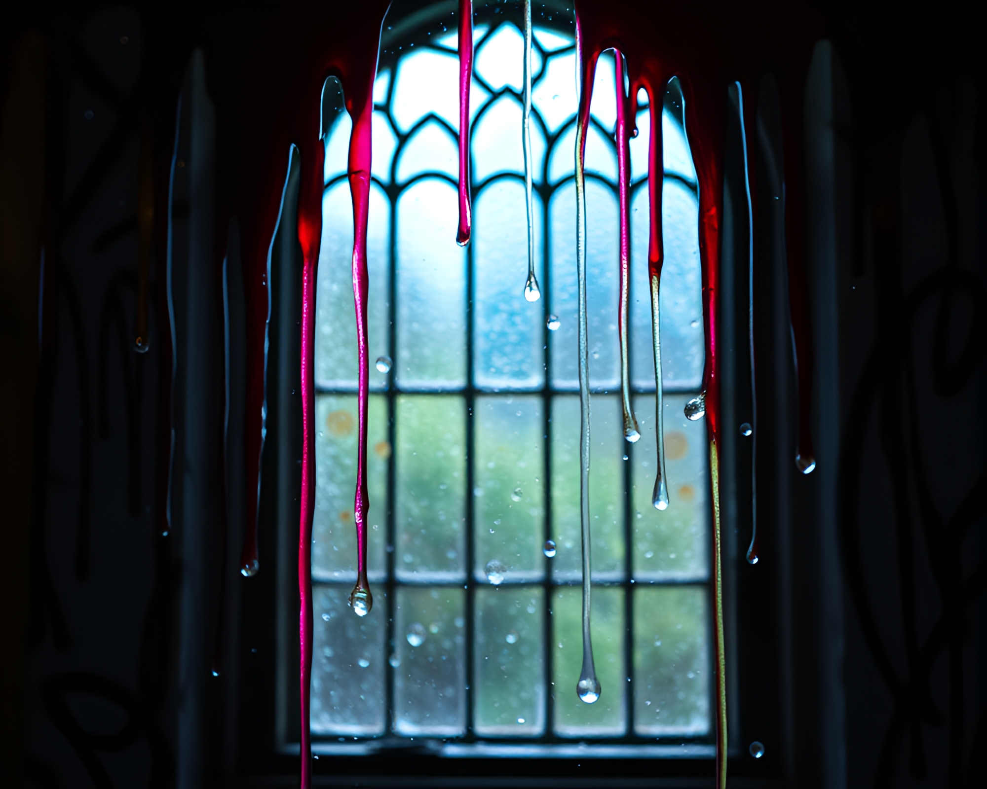 Graffiti Drips Stained Glass Window Illuminated by CRT Flicker – free AI stock image