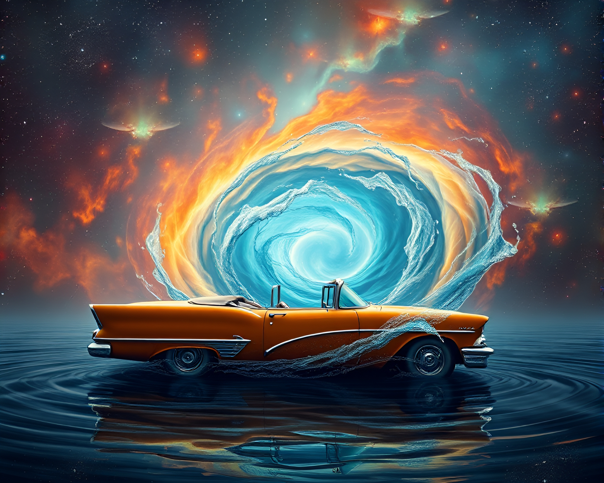 Vintage Car in Cosmic Water Whirlpool Artwork – free AI stock image