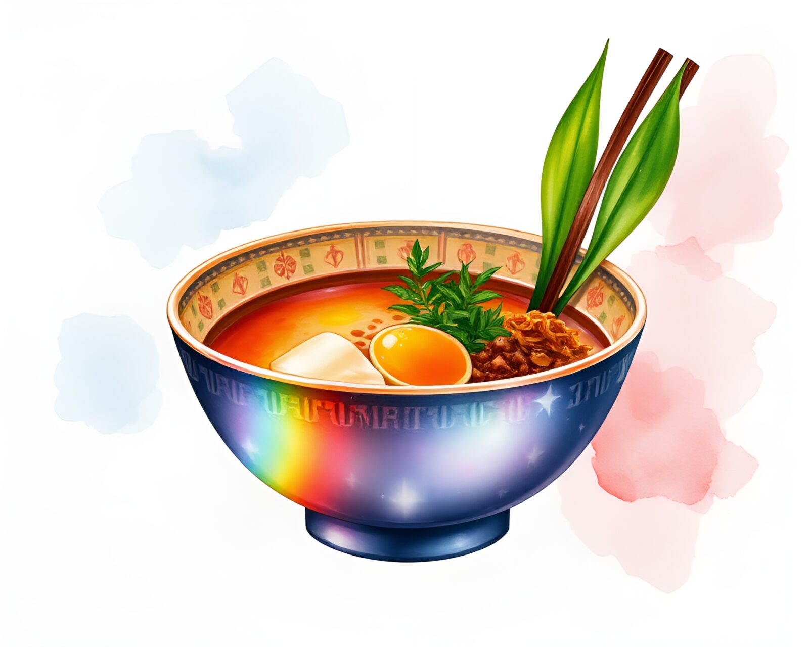 Wildlife watercolor style ramen bowl with rainbow light