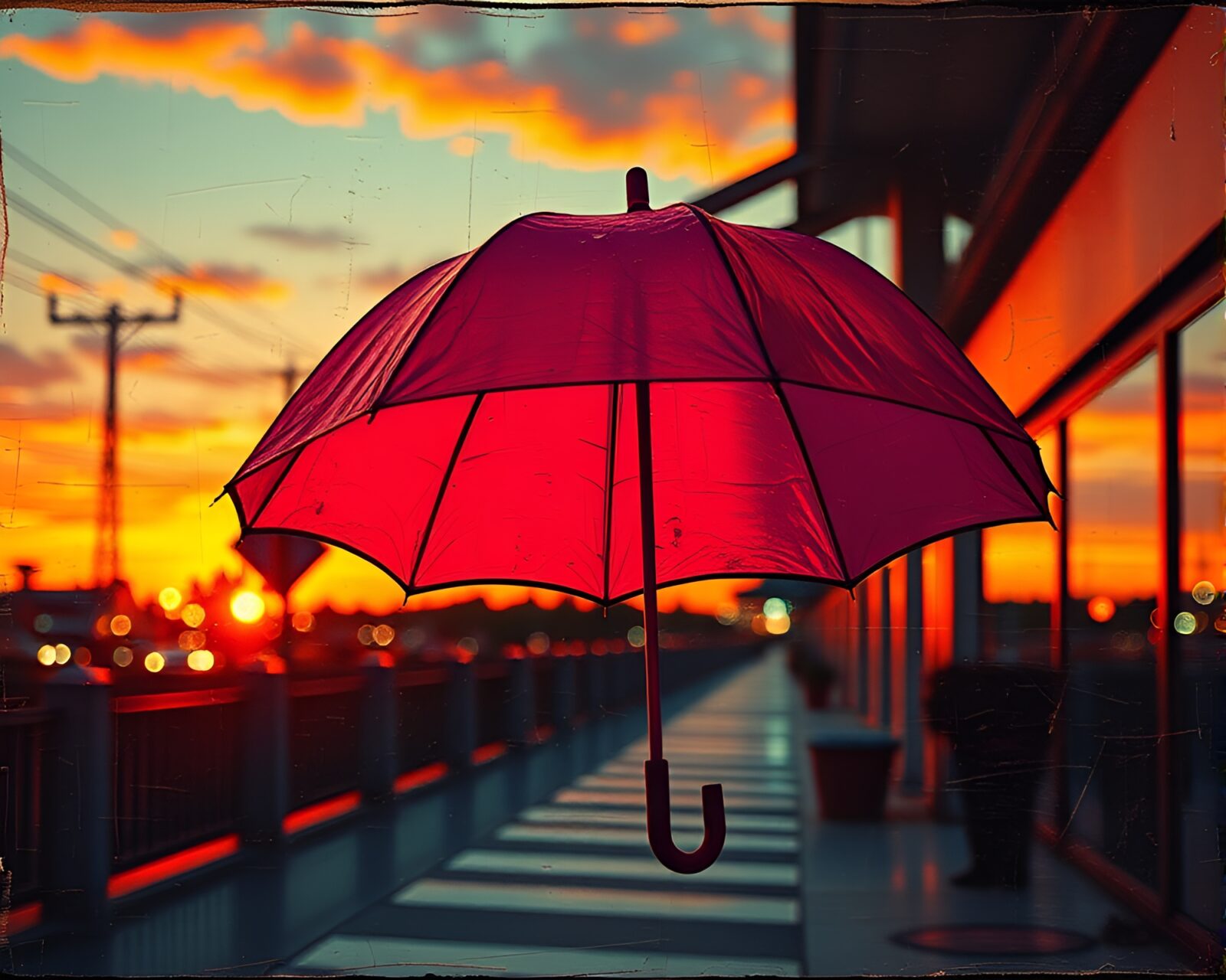 Vibrant neon umbrella under warm sunset hues in dadaist style