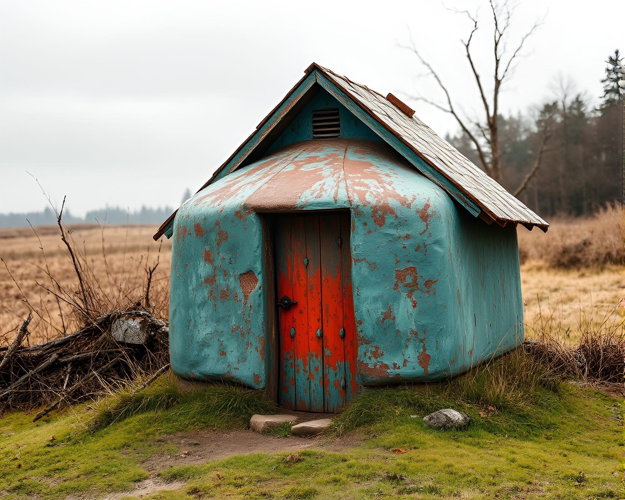 Rustic Mud Hut in Monochrome Red – free AI stock image
