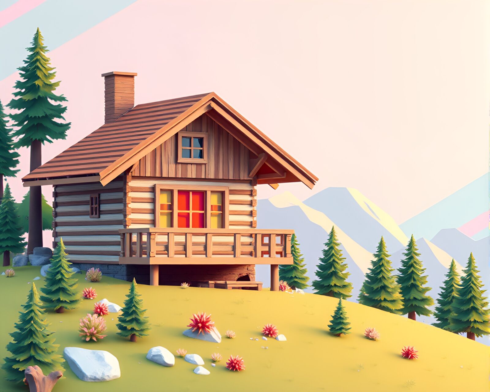 Pastel gradient with striped pattern in voxel alpine chalet