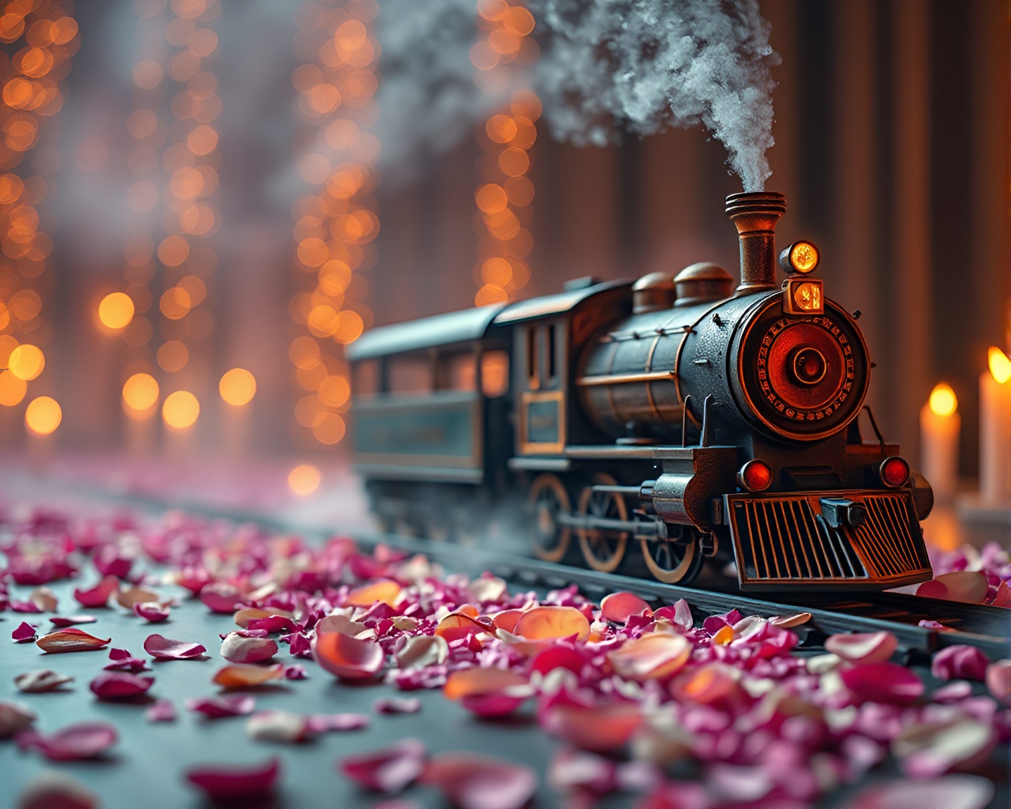 Levitating floral petals in sgraffito candlelight scene – free AI stock image
