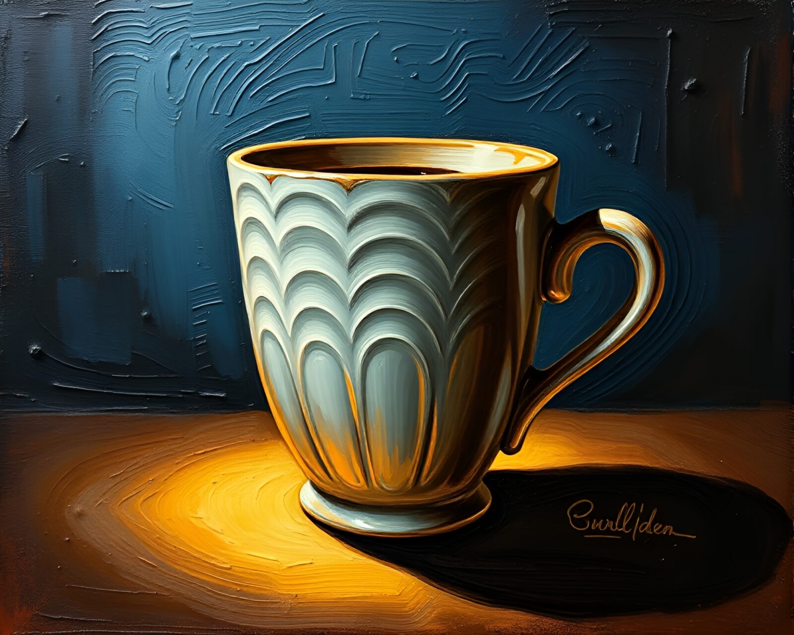 Oil impasto ridges depicting a coffee cup under dramatic lighting