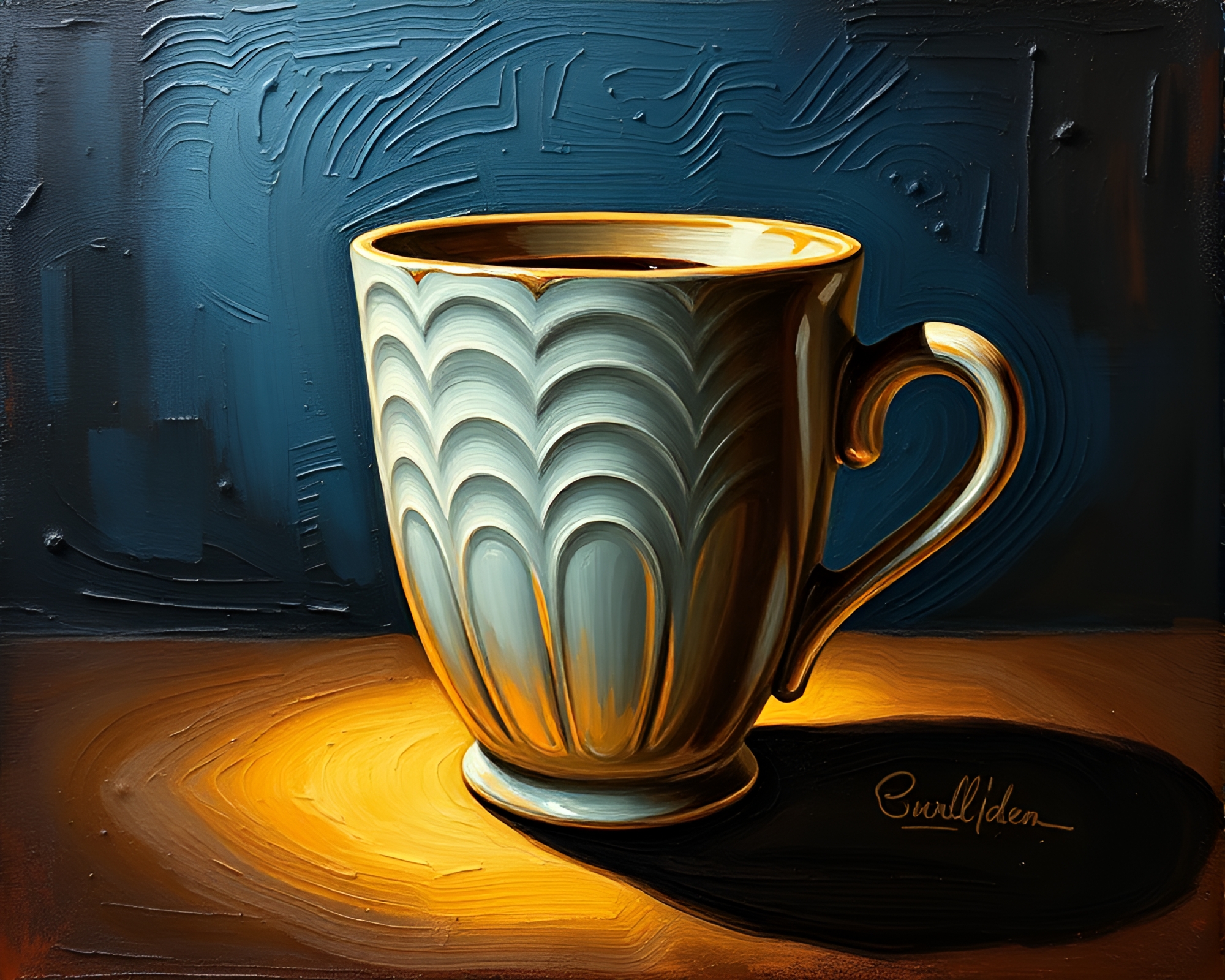 Coffee Cup Impasto Ridges in Theatrical Lighting – free AI stock image