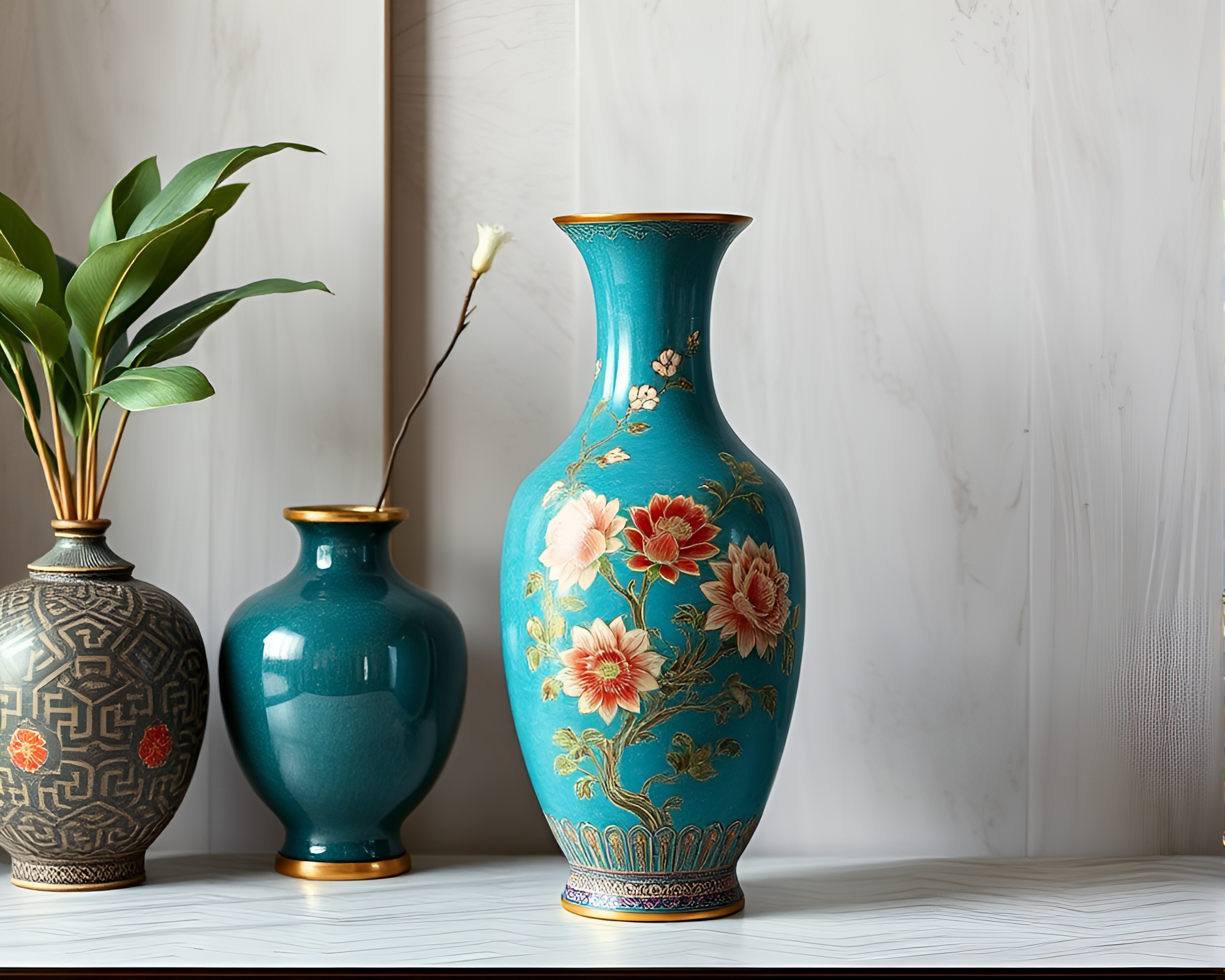 Serenity in Teal: Maximalist Cloisonné Vase Scene – free AI stock image