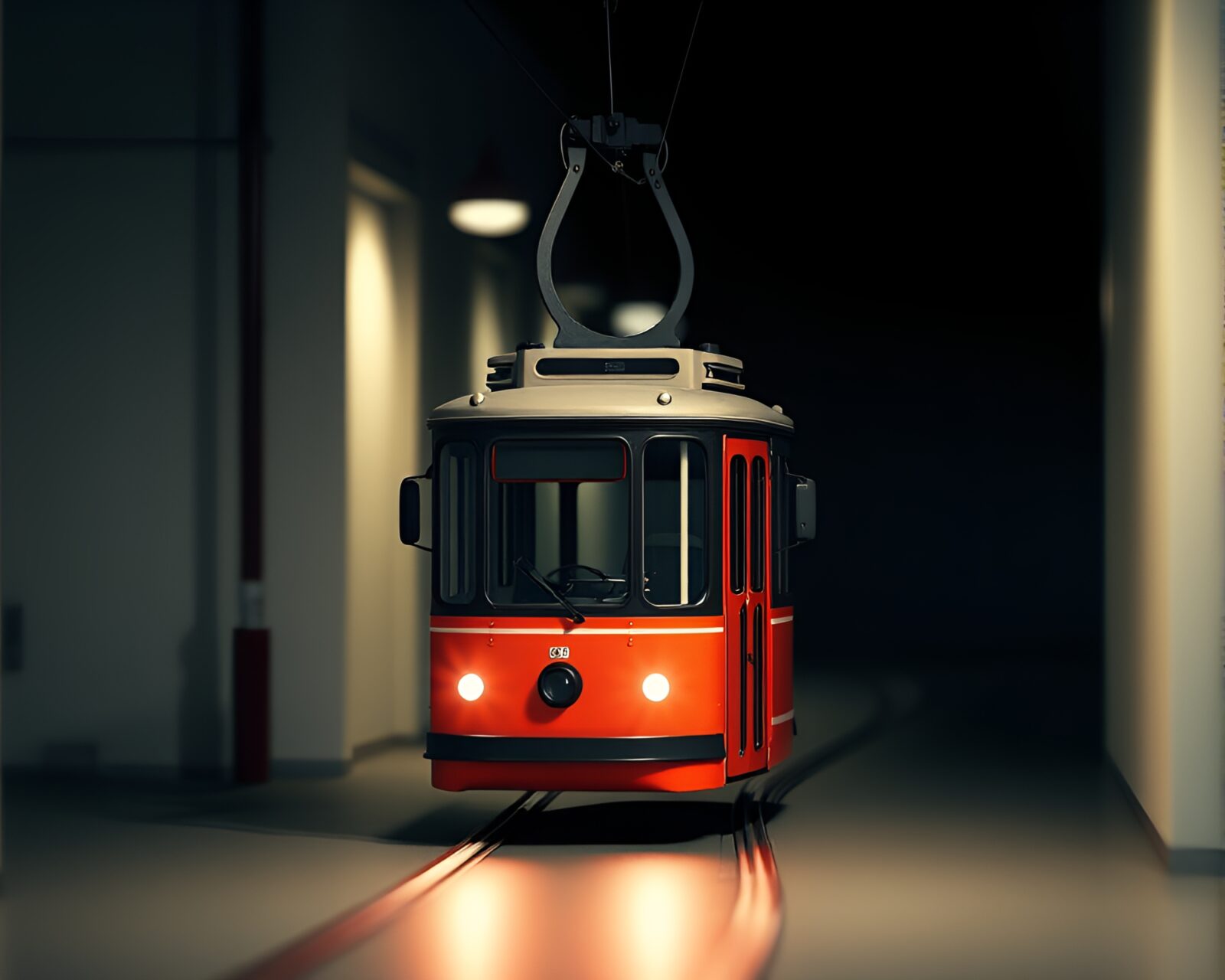 Abstract low-poly 3D render of cable car in unique setting
