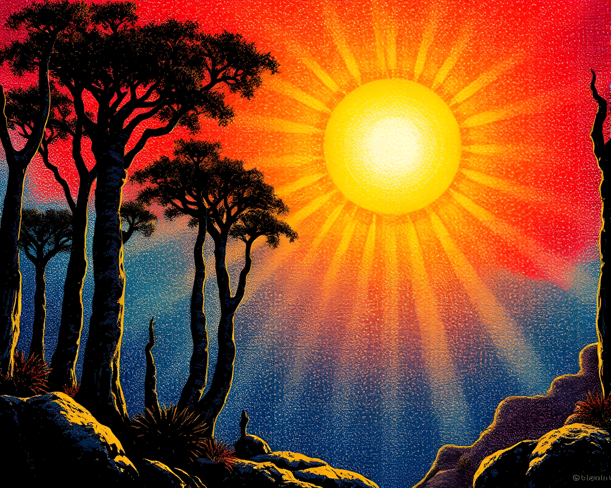 Halftone Grid Ancient Grove Mural with Solar Flare Glow – free AI stock image