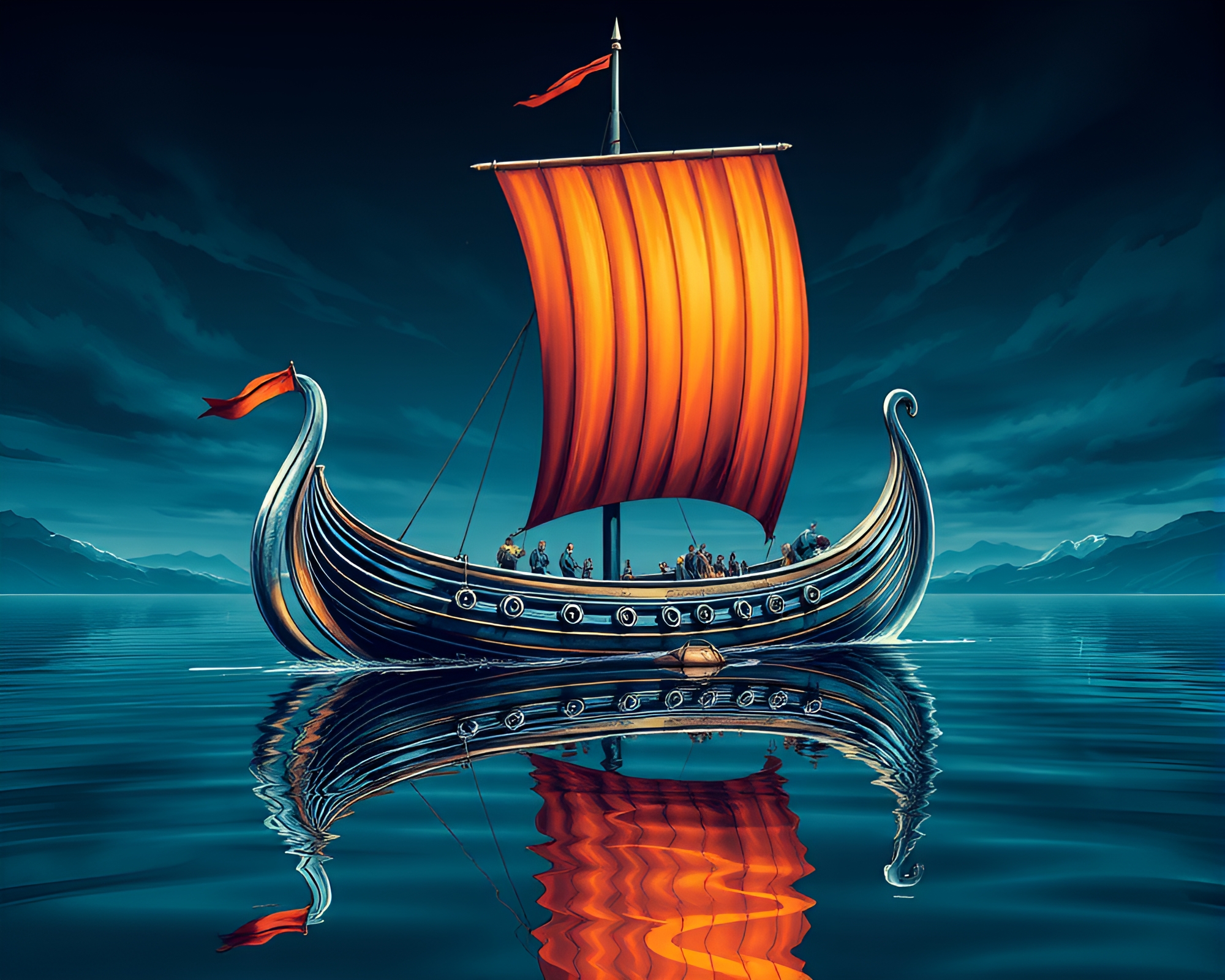 Viking Longship Sunset Reflection Comic Art – free AI stock image