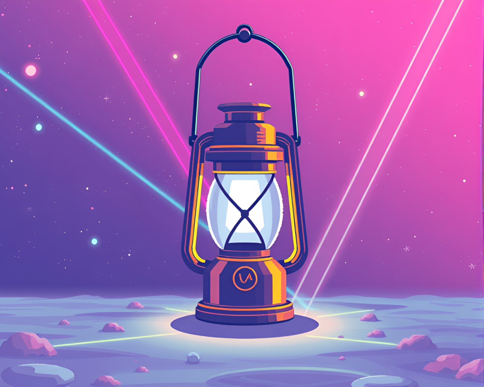 Ethereal oil lanterns emitting vibrant laser beams in pixel art