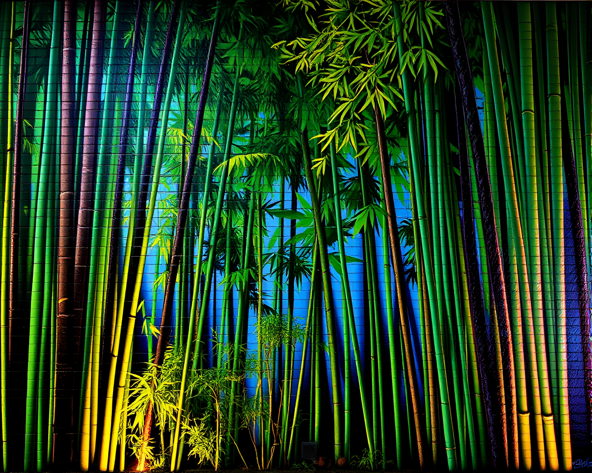 Bamboo Grove Illuminated by Holographic Light Mural – free AI stock image