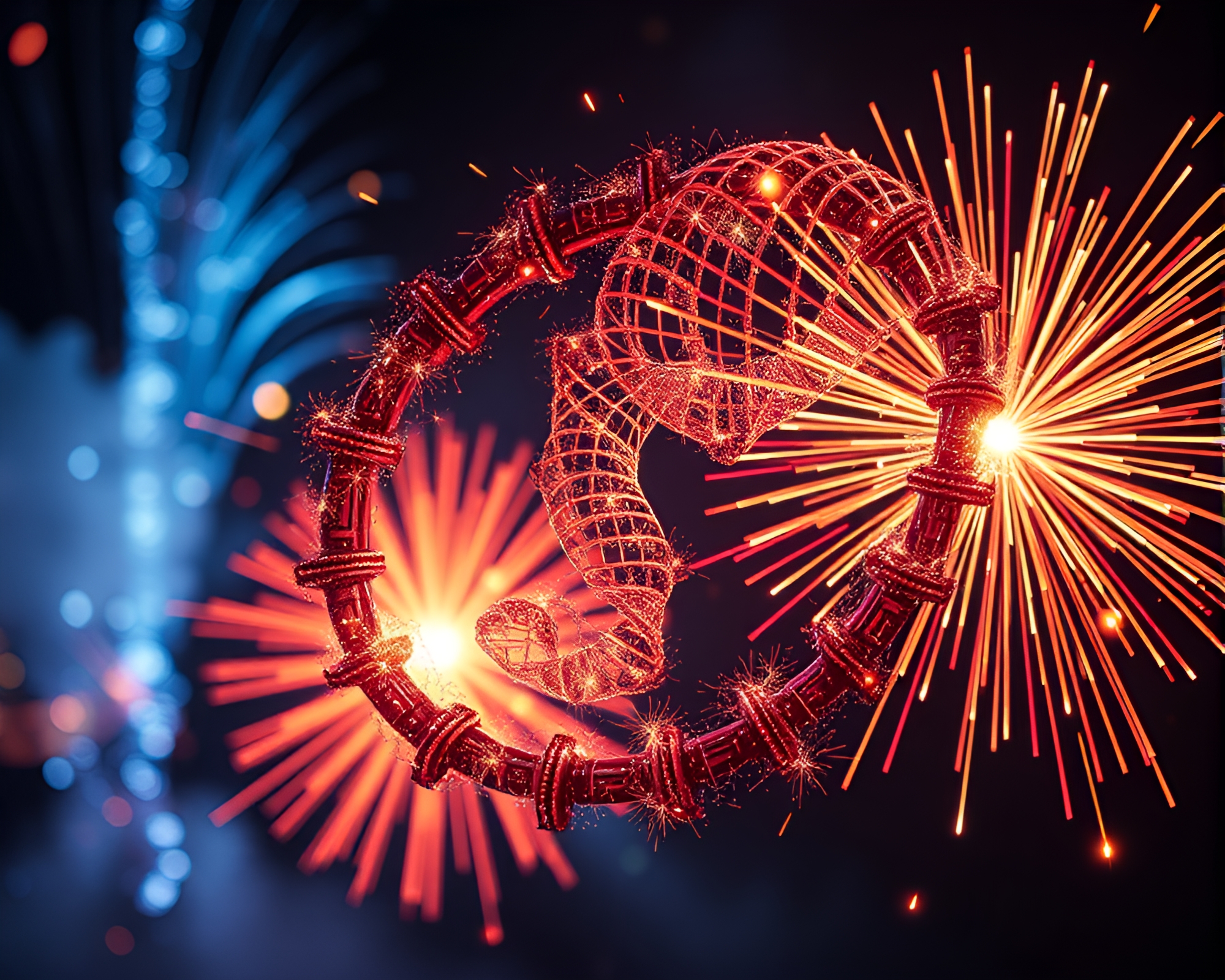 Fibonacci Spiral Robot in Festival Fireworks Glow – free AI stock image