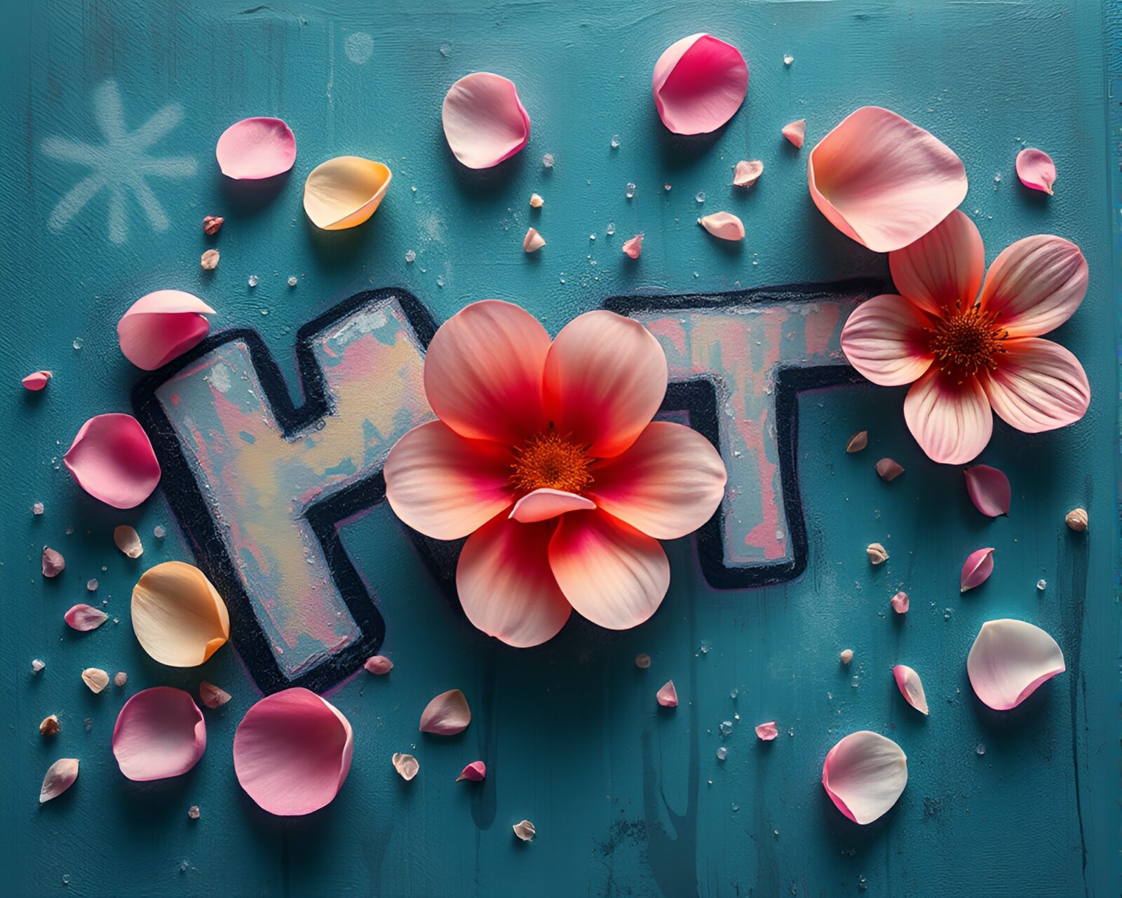 Colorful petals floating underwater with graffiti background