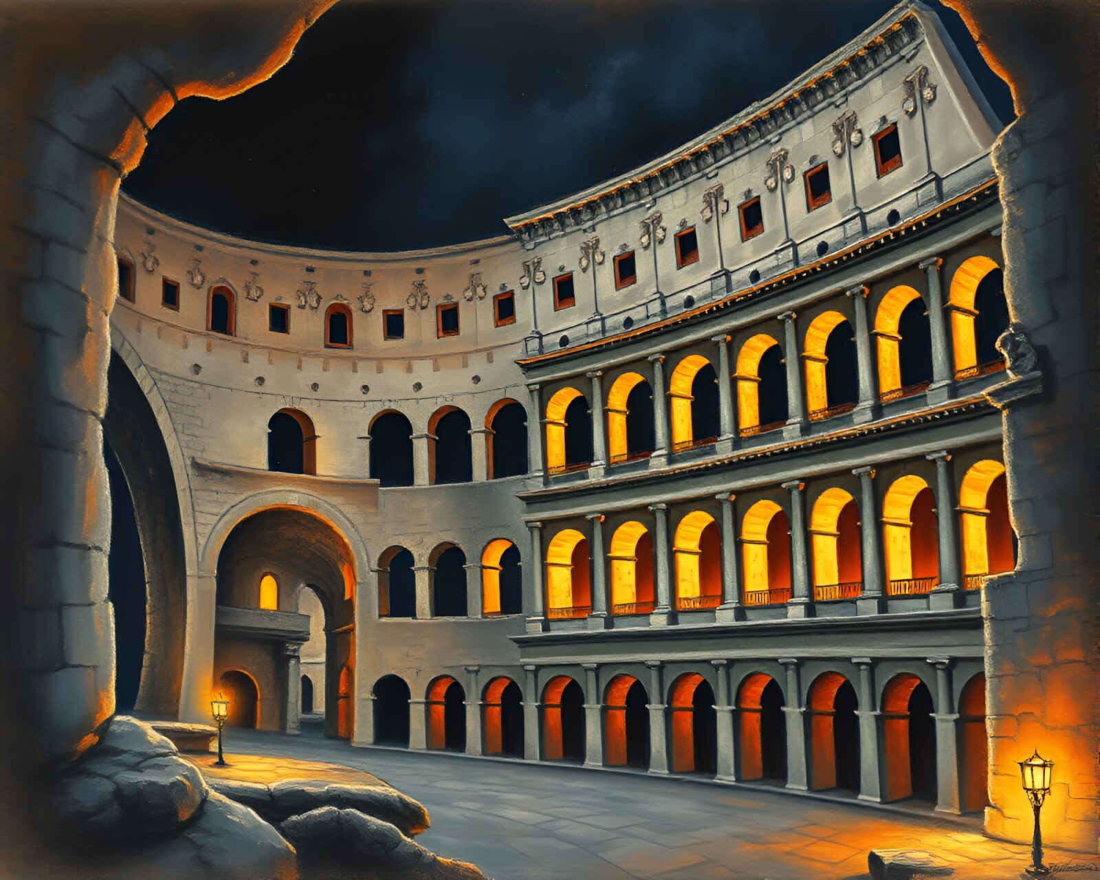 Pastel drawing of coliseum illuminated by torches in dungeon
