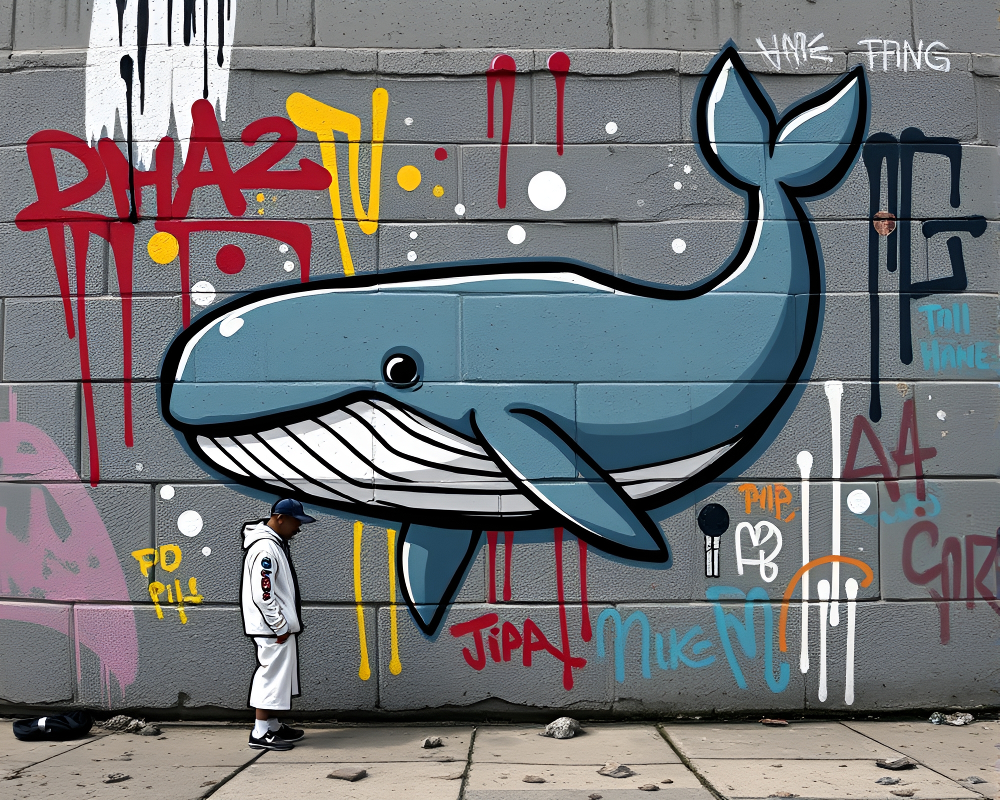 Whale Graffiti Encounter in Cartoon City Park – free AI stock image