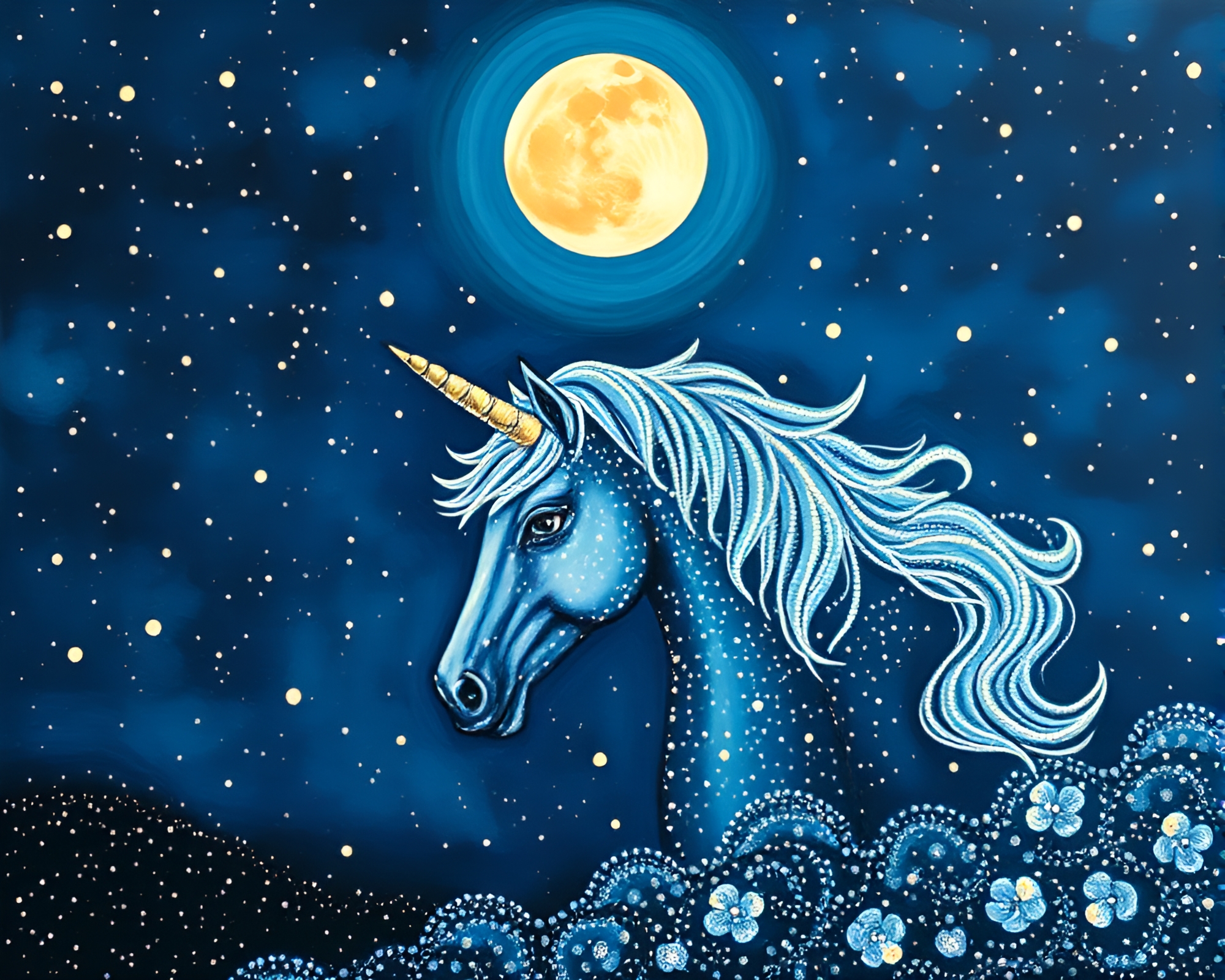 Moonlit Unicorn Encaustic Pointillist Painting – free AI stock image