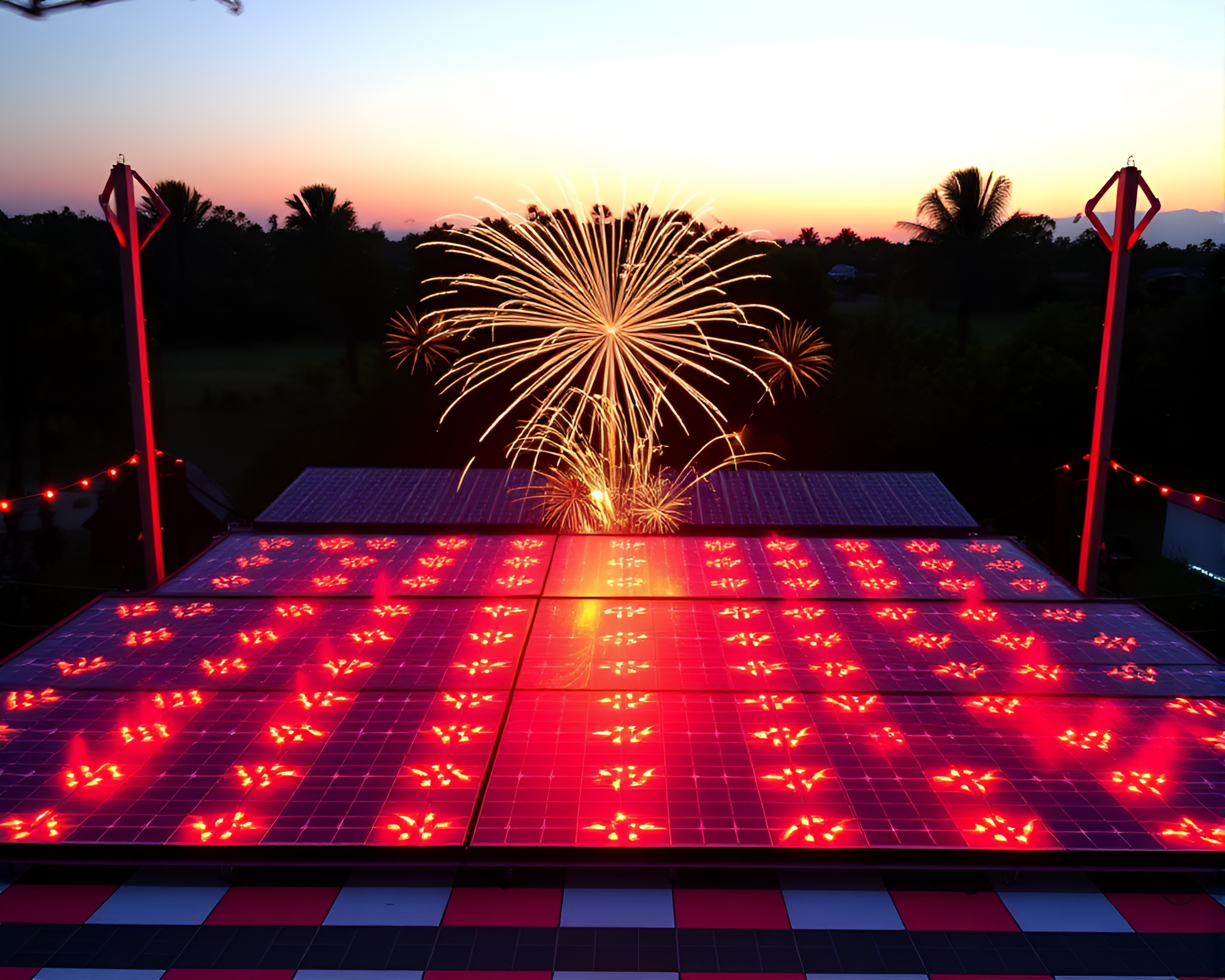 Vivid Solar Panel Array with Checkered Fireworks Glow – free AI stock image