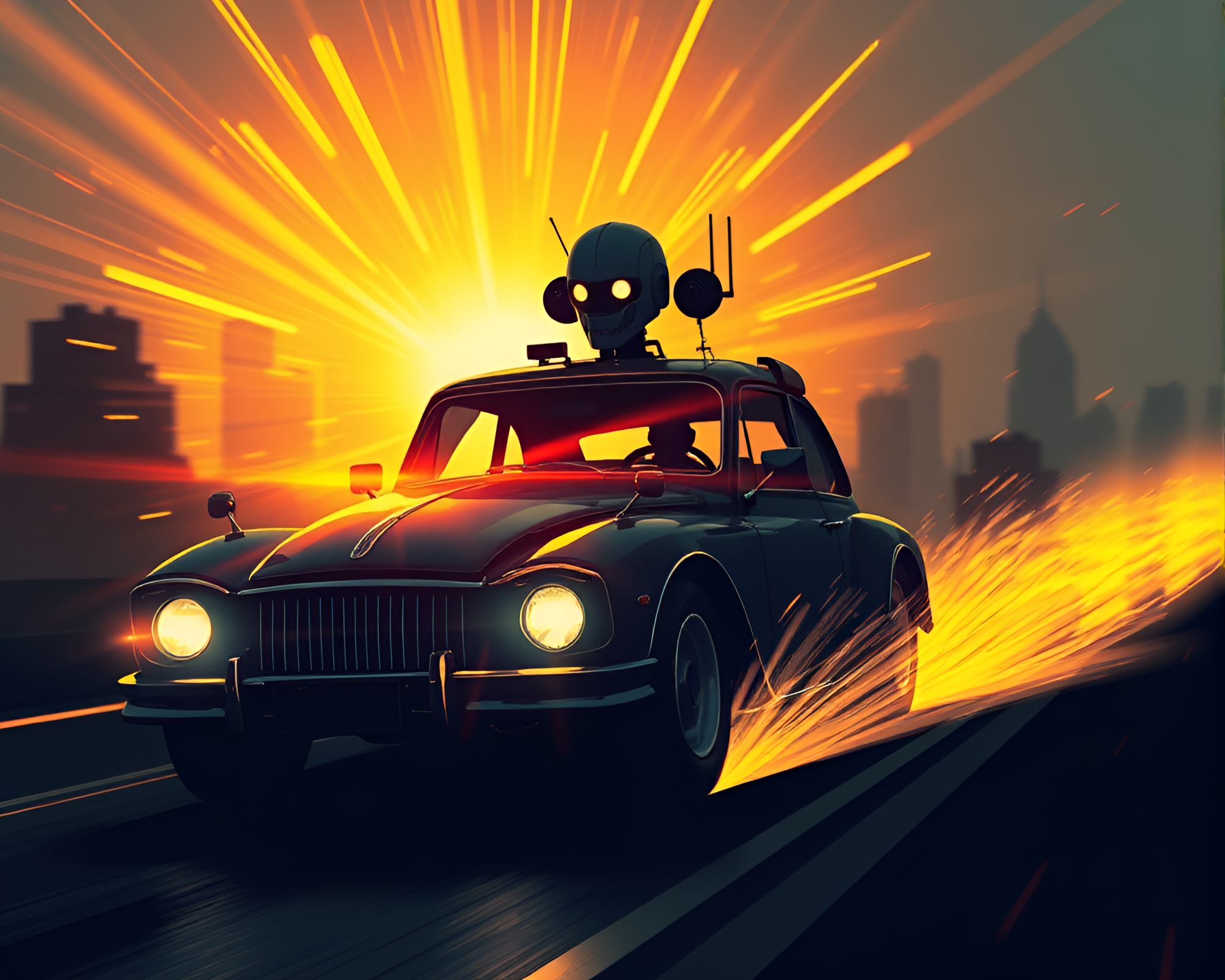 Glowing Steampunk Robot Car Light Trails Illustration – free AI stock image