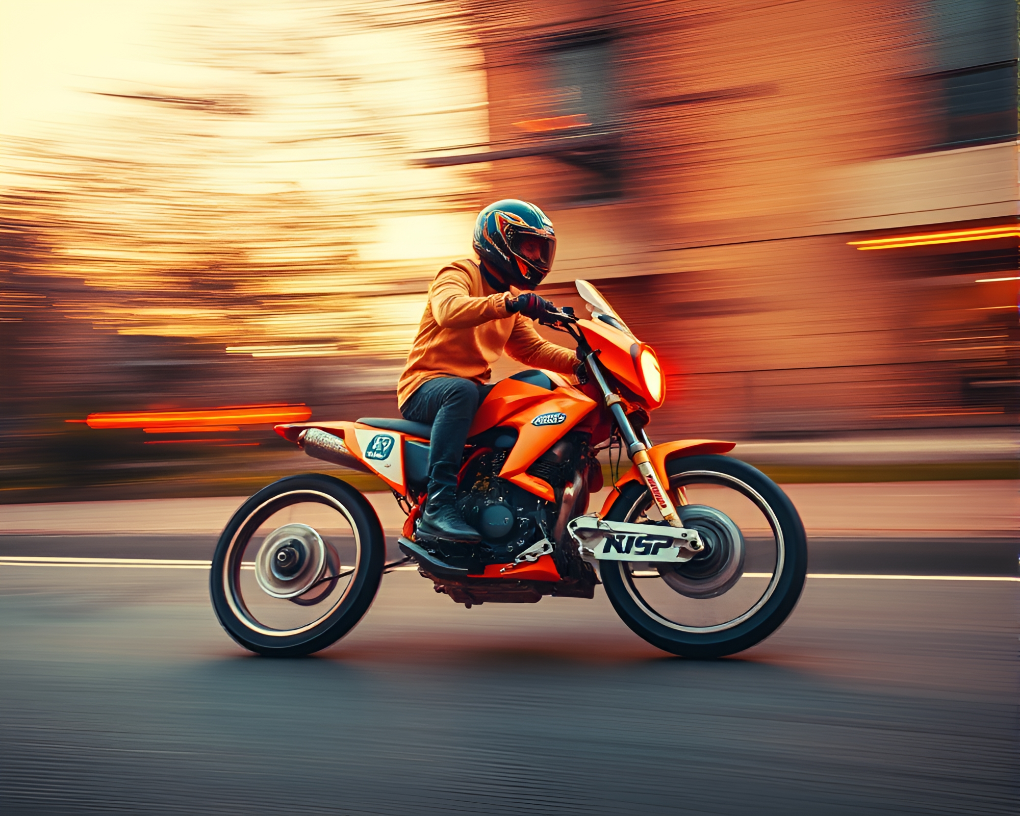 Dadaist Hoverbike Racing Through Burnt Orange Pan Motion Blur – free AI stock image